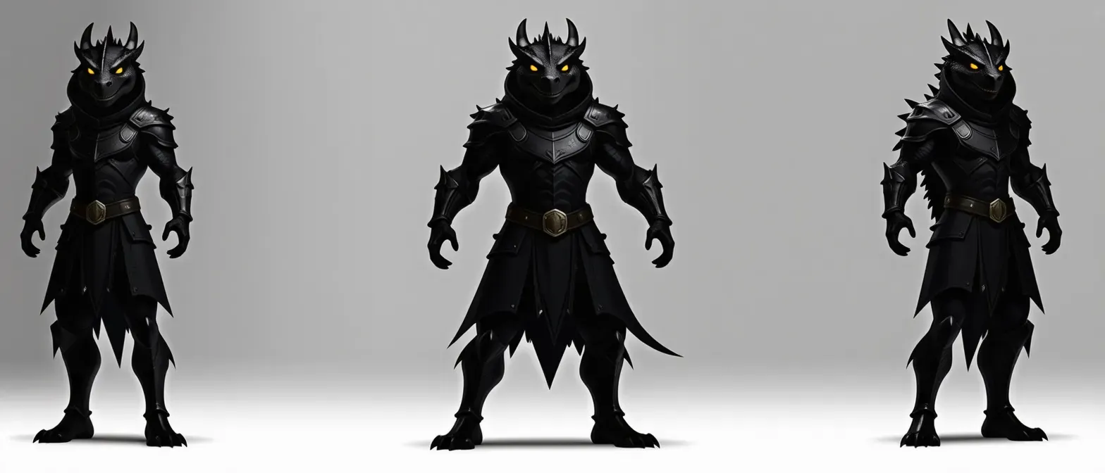 A striking dragonborn with black scales and glowing yellow eyes, cloaked in dark leather armor, with a mischievous smile and agile stance.