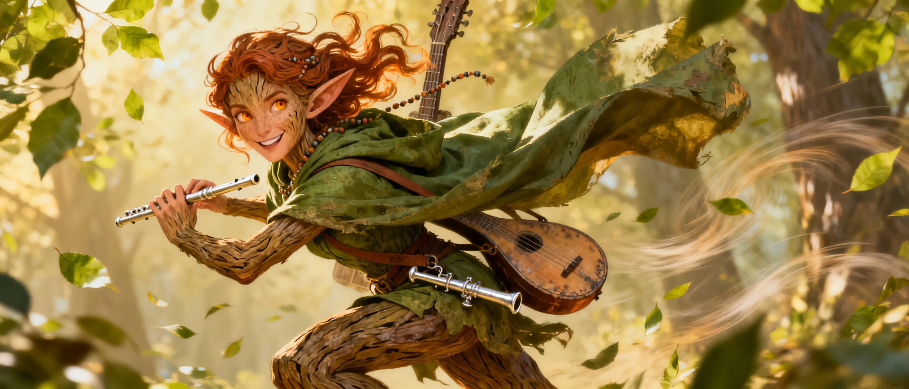 A lithe wood elf with a mischievous grin and bright amber eyes, draped in a worn green cloak. A tiny silver flute rests at her hip, and a weathered lute hangs from a strap across her back. She moves with a dancer’s ease through a forest of emerald leaves, leaving only a whisper of wind in her wake. Her skin bears the soft, sun-kissed hue of oak bark, and her hair is a tangle of copper-brown waves threaded with small beads from long journeys.