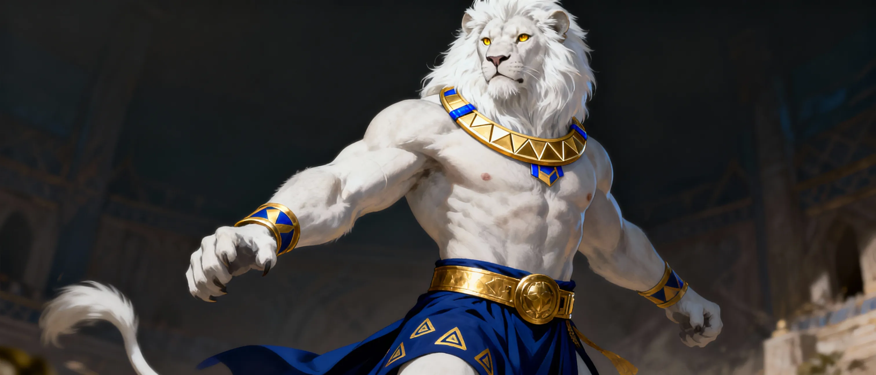 A tall, muscular leonine figure with white fur and a pristine white mane, golden eyes, and soft fur. He wears a deep blue kilt with gold markings, a polished gold belt, and a thick, geometric golden torc around his neck. He is bare-chested, radiating noble confidence, with blue and gold accents in his adornments. His posture speaks of protective leadership and unwavering resolve.
