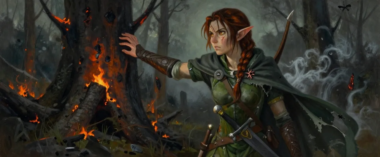 A fierce wood elf ranger in her early years, standing at the edge of a burned forest clearing at dusk. She has sharp amber eyes, dark copper hair braided back, and a pale scar running diagonally across her left cheekbone. She wears mottled green-and-gray leathers over a forest-green tunic, with a short sword at her hip and a shortbow slung across her back. A torn Concord cloak hangs from her shoulders, its clasp shaped like a thorned leaf. Ash drifts on the wind behind her, and her expression is caught between defiance and doubt — a hand half-raised toward the burning trees she once called home. Painterly fantasy style, muted greens, grays, and ember-orange highlights.
