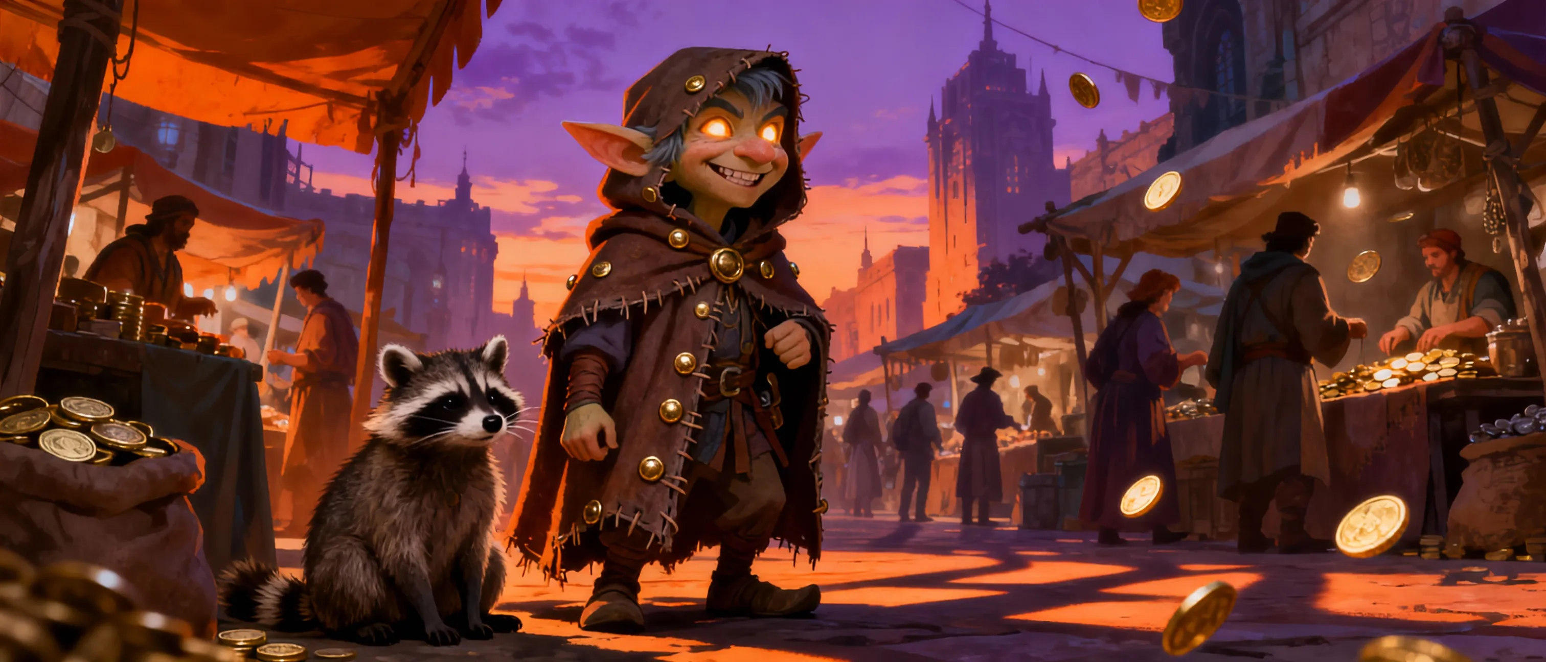 Gnome wizard with his raccoon assistant. He's a conartist
