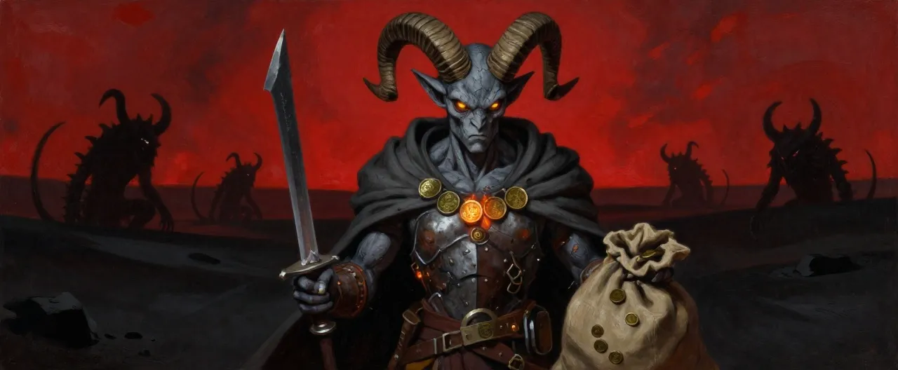 A gaunt, ash-gray humanoid devil with cracked charcoal skin, curling ram horns filed to stubs, and burning amber eyes. He wears mismatched scavenged armor: a scorched breastplate over tattered leathers, a tattered gray cloak, and a bandolier of soul coins that glow faintly like dying embers. He clutches a wicked hooked dagger in one clawed hand and a burlap sack of bronze coins in the other. Behind him, the silhouettes of spined devils skulk across black dunes beneath a blood-red sky. Painterly dark-fantasy style, cinematic lighting, no text.