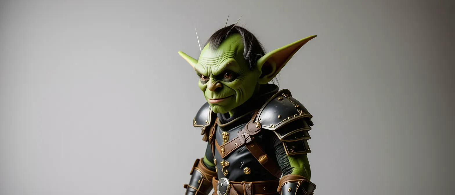 A small green goblin with a bent posture, wearing patched leather armor, and cautiously glancing around, with a noticeable grimace on his face due to his back pain.