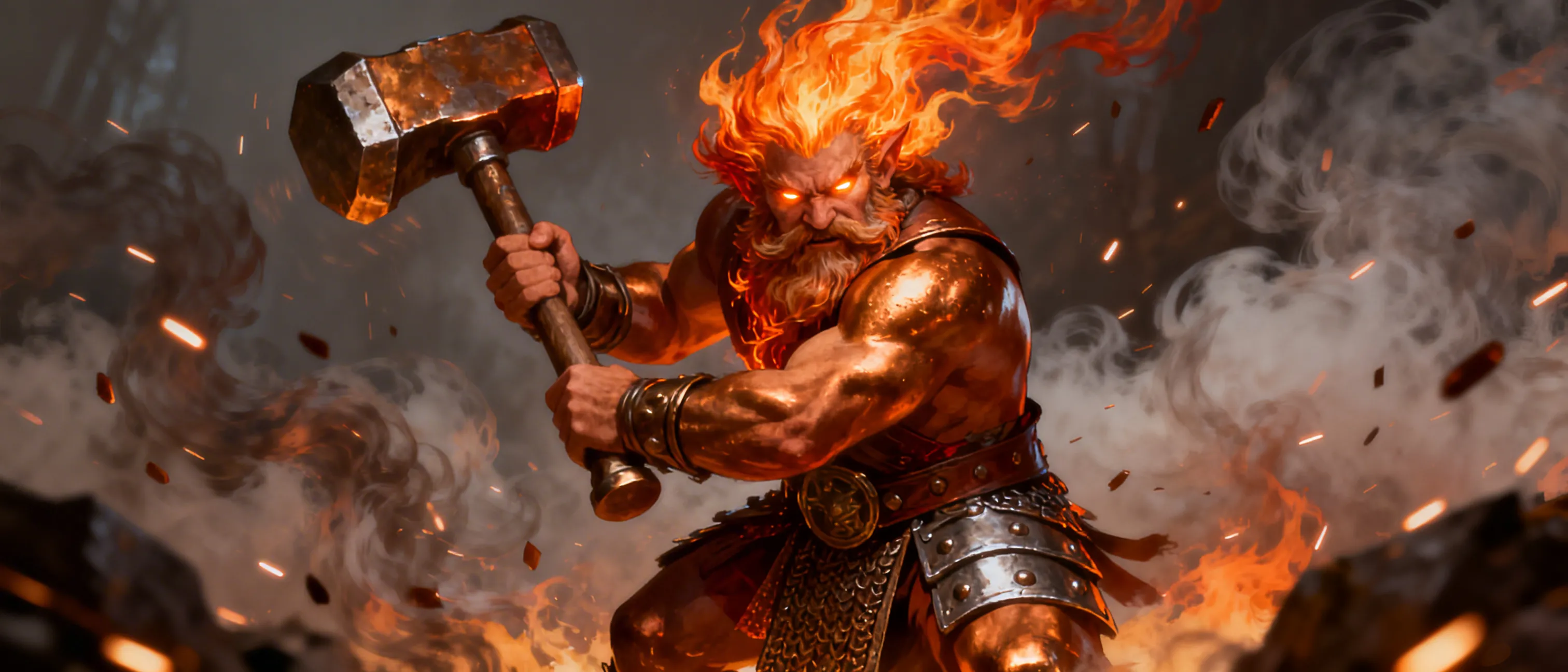 Smelton Coalper
Azer dwarf from the elemental plain  of Fire
Level 5 fighter
Used a sledge hammer for a weapon
Only wears an iron kilt
Flames for hair and beard 
Bronze slin