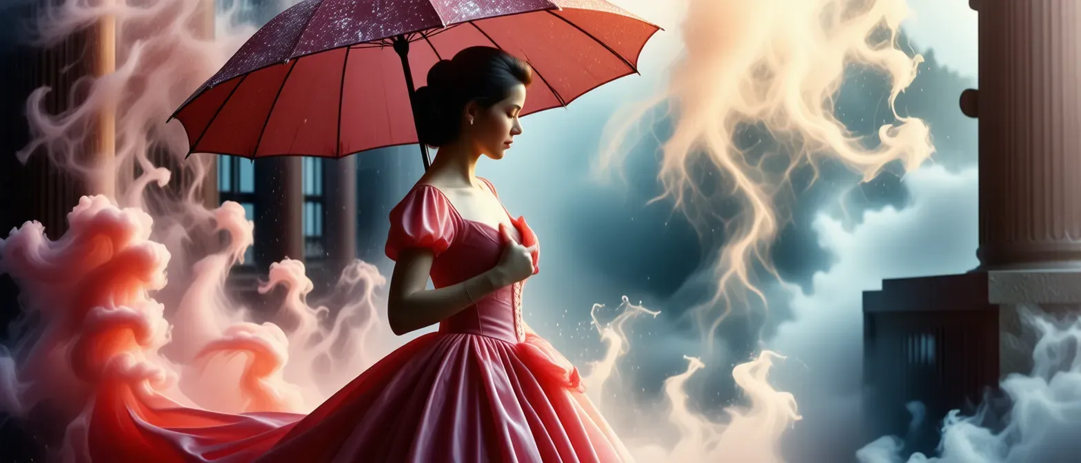 A regal figure in a pink dress, wielding a large umbrella, with an aura of chaotic energy shimmering around her.