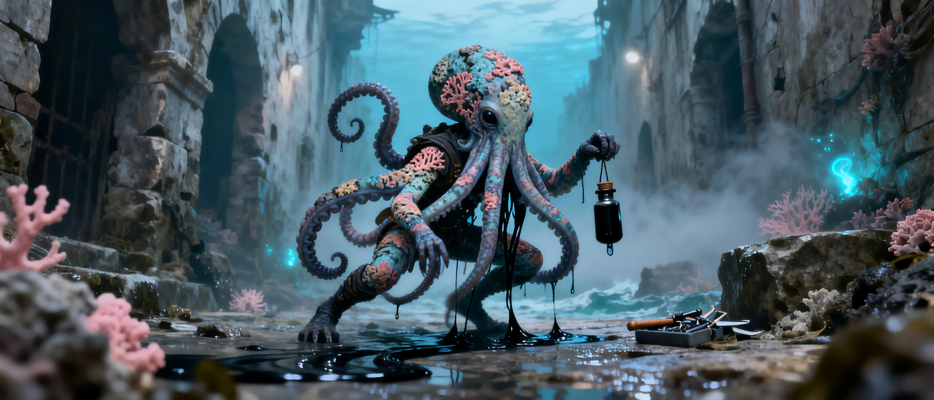 Small cephalopod stalker with shifting reef-pattern skin, long flexible limbs, black ink vials, and a disguise kit, lurking in humid alleyways and tidal ruins.