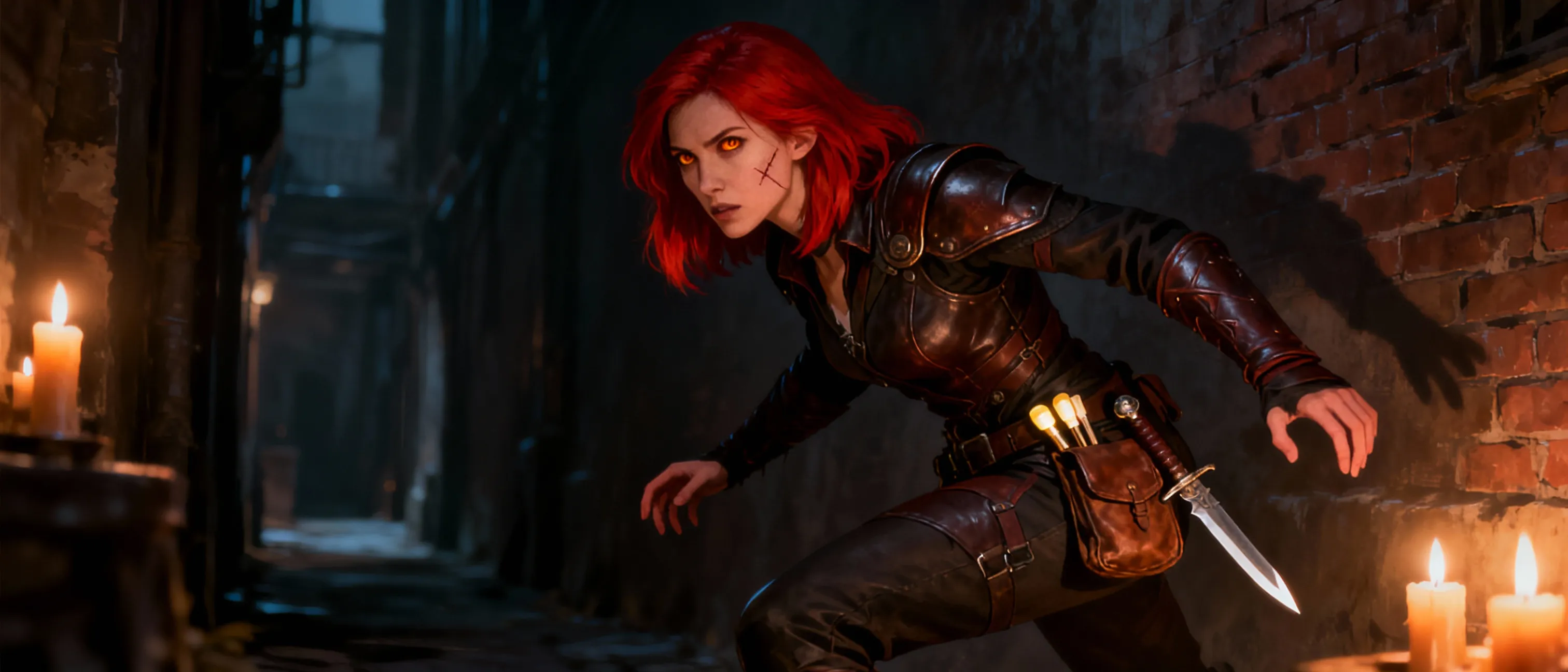 A lithe human woman with shoulder-length, vivid red hair and amber eyes. She moves with the quiet grace of a hunter, often seen in shadowed streets or candlelit alleys. Her gaze is calculating, and a faint scar along her jaw hints at past confrontations. She favors dark leathers, pouches of light tools, and a dagger at her hip. The urban sprawl is her forest, and the silence between footsteps is her ally.