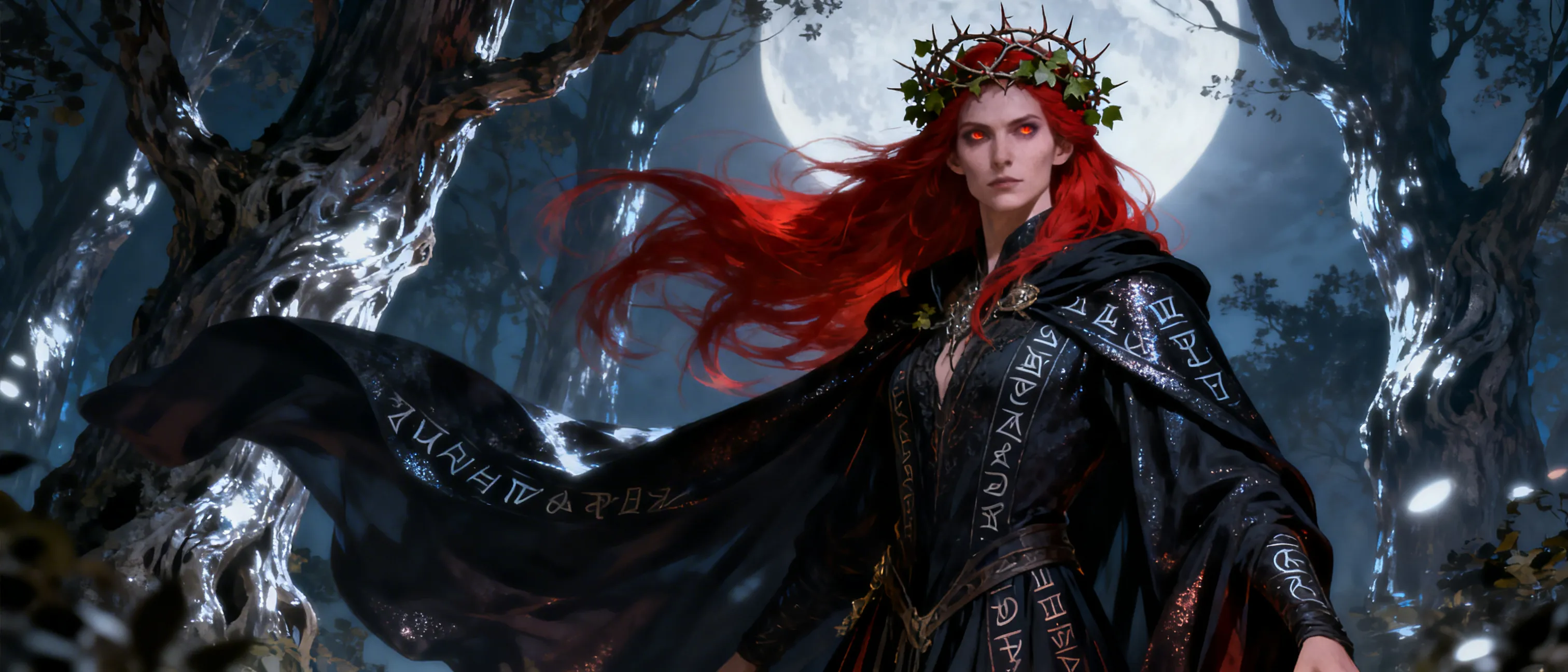A regal human with long, flowing red hair, eyes like ember-coals, and a crown of thorns and ivy. She wears elegant, dark robes that shimmer with arcane runes, standing amidst a moonlit forest