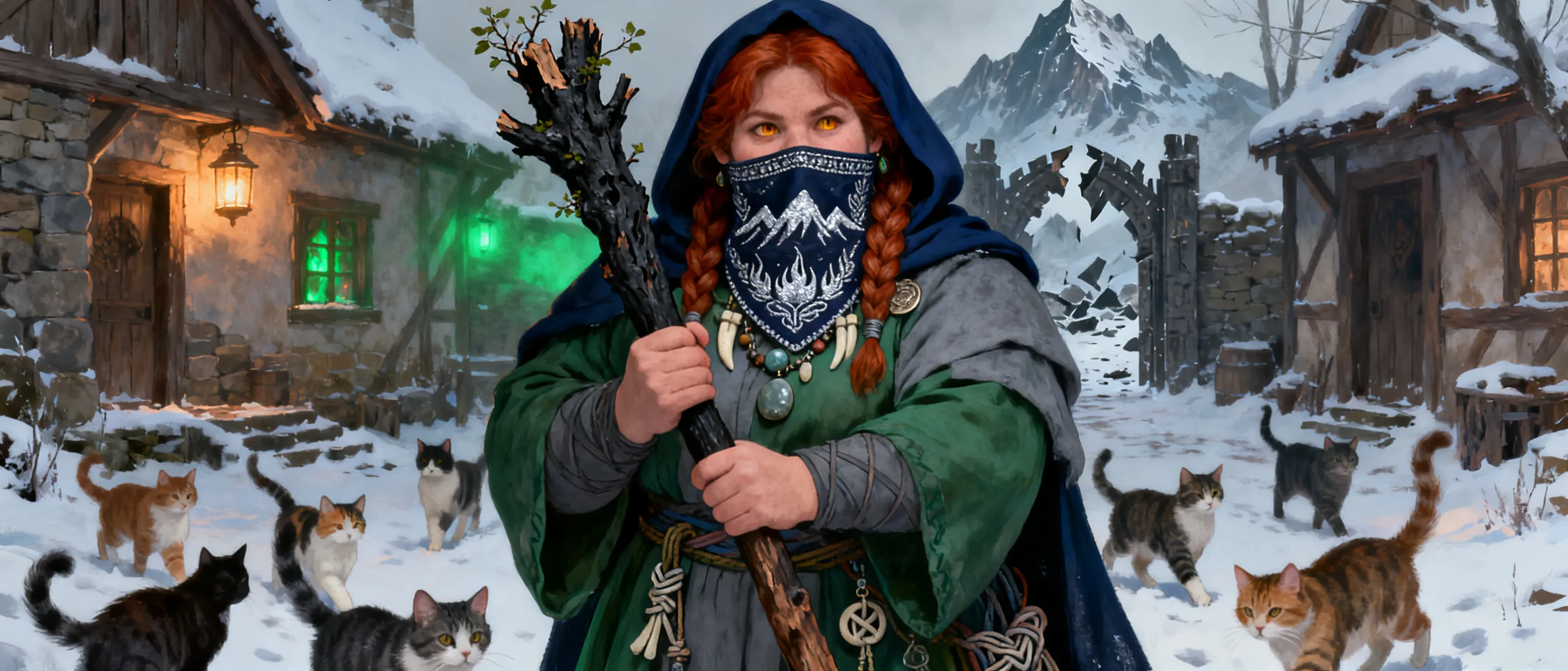 A stocky dwarven woman in her late twenties, broad-shouldered and sturdy, with copper-red hair braided in Rashemaar style beneath a deep indigo hood. Her lower face is hidden by the traditional embroidered face-veil of Rashemen, patterned with silver thread in mountain-and-flame motifs, leaving only her keen amber eyes visible — eyes that carry both warmth and a cold, buried grief. She wears layered Wychlaran robes of forest green and slate grey, adorned with bone charms, river-stone talismans, and witch-knots stitched by her adoptive mothers. In her hands she grips a tall, dark quarterstaff of ancient oak, its wood blackened at the core yet sprouting tiny living leaves from cracks in the bark — the last living remnant of her homeland's Great Oaken Halls. A dozen cats of every color wind about her ankles in the snowy yard of her modest timber-and-stone cottage outside a Rashemaar town, lantern-light glowing warmly behind her. Behind her eyes, faintly, an image of a shattered mountain gate looms in memory. Painterly fantasy portrait, muted winter palette, embers of green witchlight, detailed textile work, somber and protective mood.
