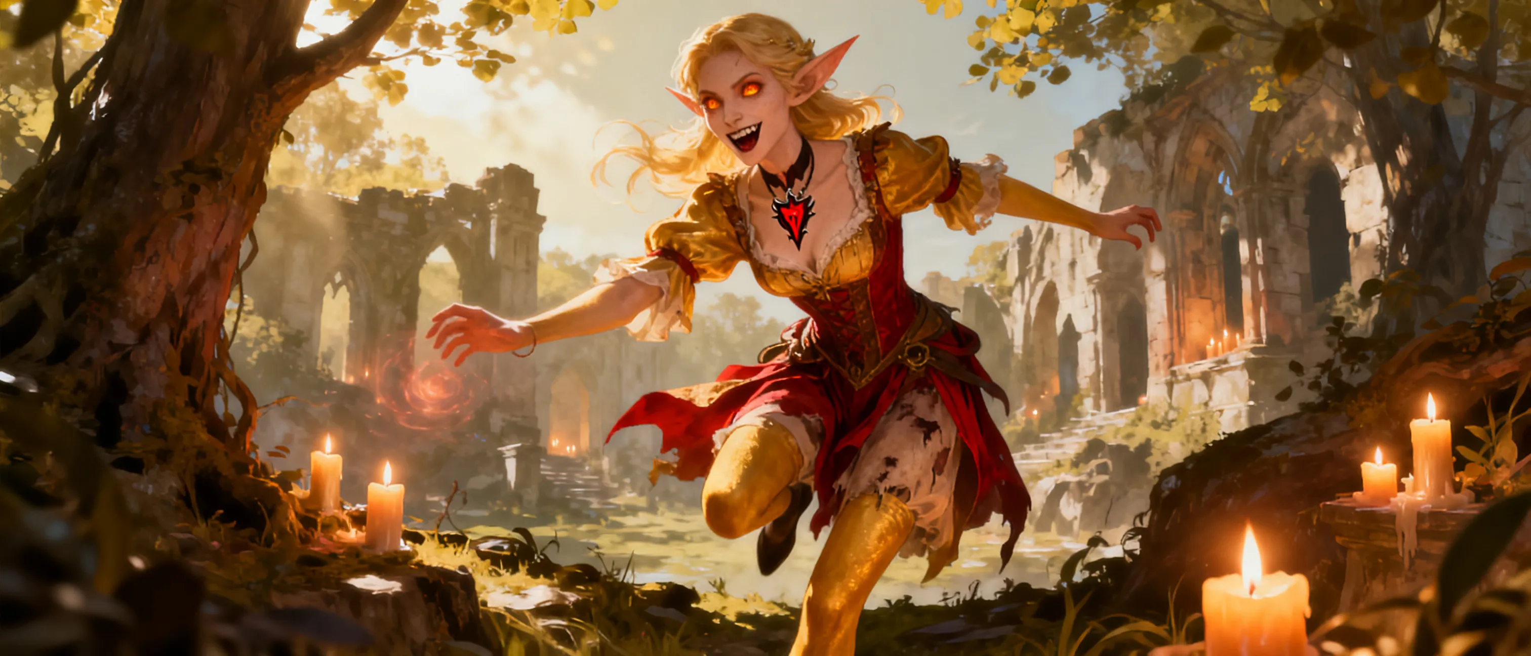 A slim summer eladrin with ember-bright eyes, warm golden skin, and chaotic grin, wearing elegant but slightly misworn finery with a crimson vampire sigil accessory; woodland edges and candlelit ruins suit her.