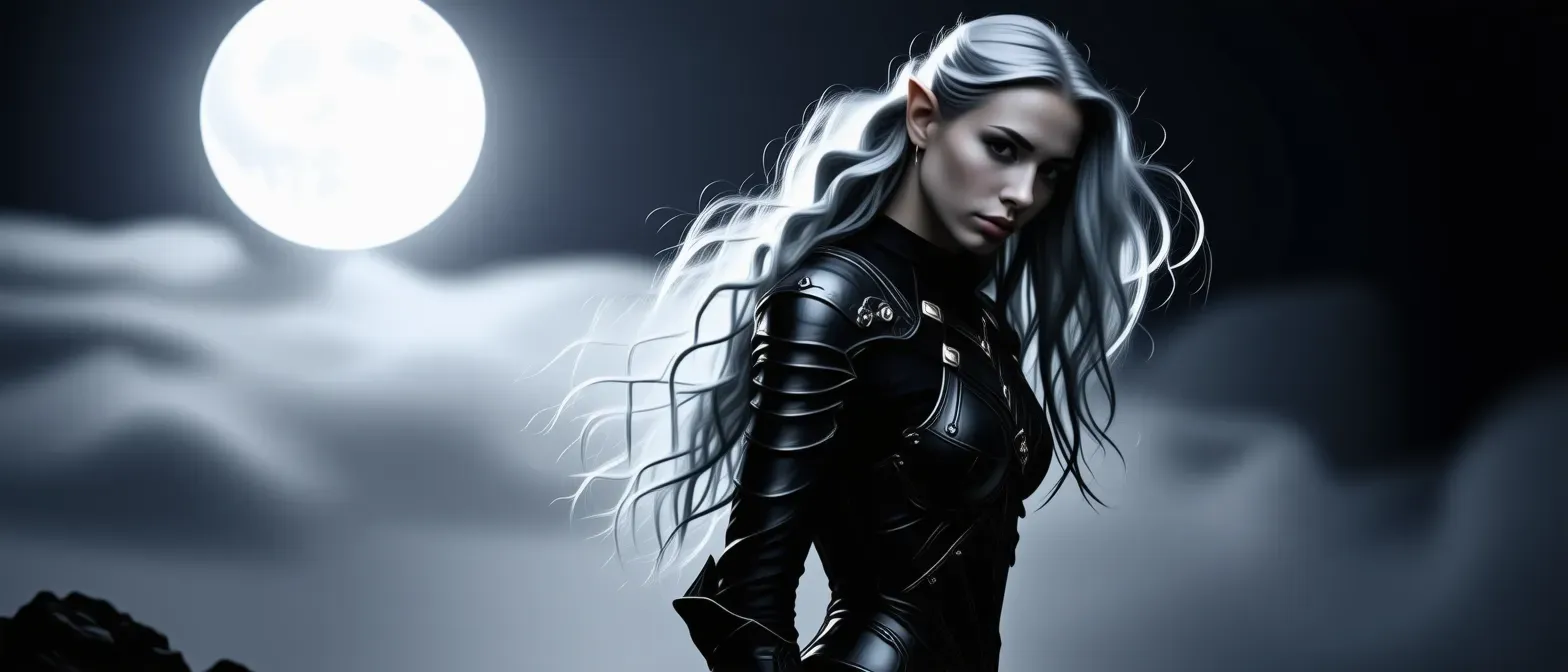 A lithe half-elf woman with silvery flowing hair, dressed in dark leather armor, moving stealthily through shadows under the moonlight.