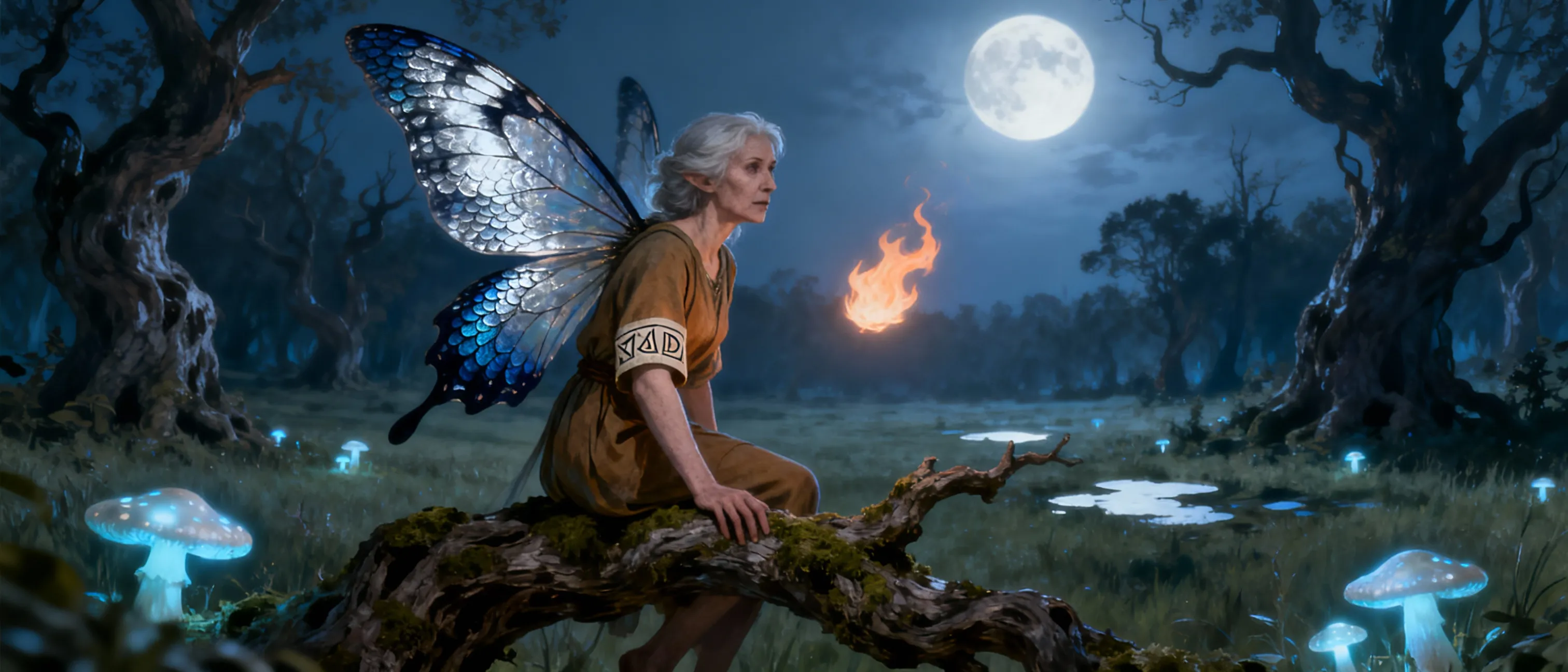 A middle-aged fairy with soft moth-like wings, dusted in silver and midnight scales, perched on a gnarled branch in a moonlit glade; a faint flicker of fiendish flame lingers in the air.