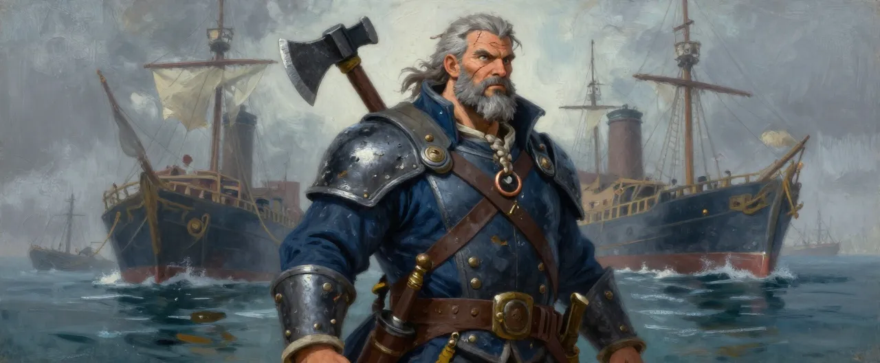 A weathered human sea captain in his late fifties, broad-shouldered and thick-armed, with salt-streaked gray hair tied back and a full beard braided with a copper ring. A jagged scar runs from his left brow to his jaw. He wears a battered half-plate harness over a navy-blue coat, a cutlass at his hip, and a heavy boarding axe across his back. Behind him, ships without flags crowd a fog-wrapped harbor. Painterly high-fantasy style, cinematic storm lighting, no text.