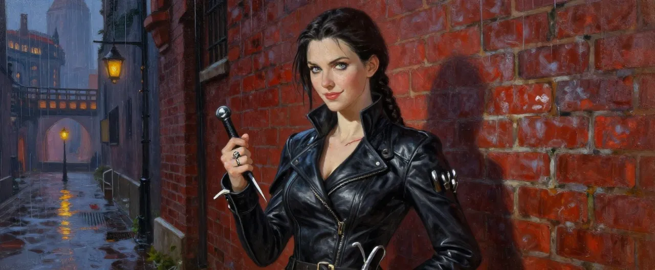 A sleek human woman in her late twenties, dressed in charcoal-black layered leathers with no visible insignia, her dark hair pulled into a severe braid. Her posture is elegant, almost courtly, but her pale gray eyes miss nothing and hold no warmth. A thin scar runs along her left jawline, mostly hidden by her collar. She wears a signet ring bearing the Aurelian Crown on her right hand and carries a slim rapier at her hip and a lockpick set in her sleeve. Her smile is practiced and does not reach her eyes. The background shows a rain-slick red brick alley in the capital at dusk, with a distant glow from the harbor lanterns.