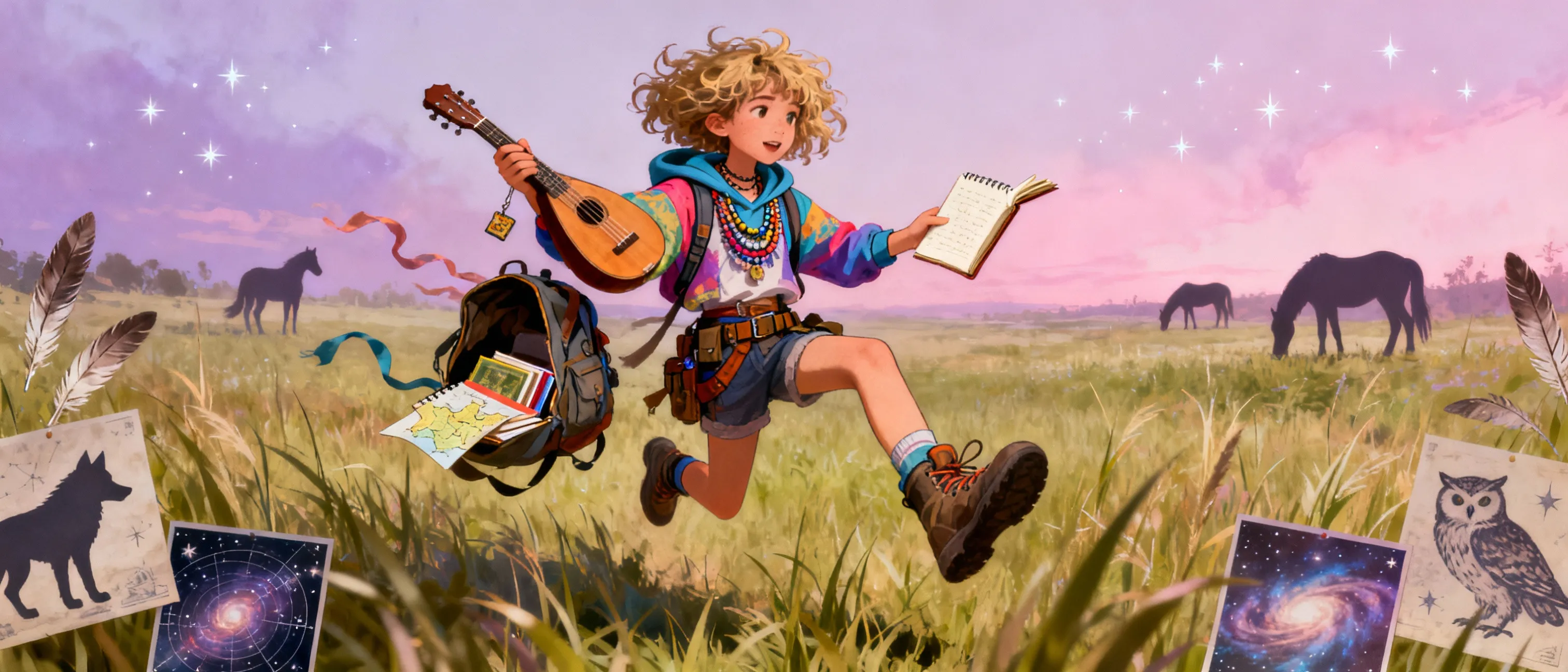 Dirty blonde curly haired girl, obsessed with a specific kpop boy band, nerdy and fairly smart, deeply loves music and animals, specially horses and big cats, vast fascination for the wonders of space, very curious and easily distracted, a unique style on clothes, teenager, great survival skills, but terrified of all birds especially owls