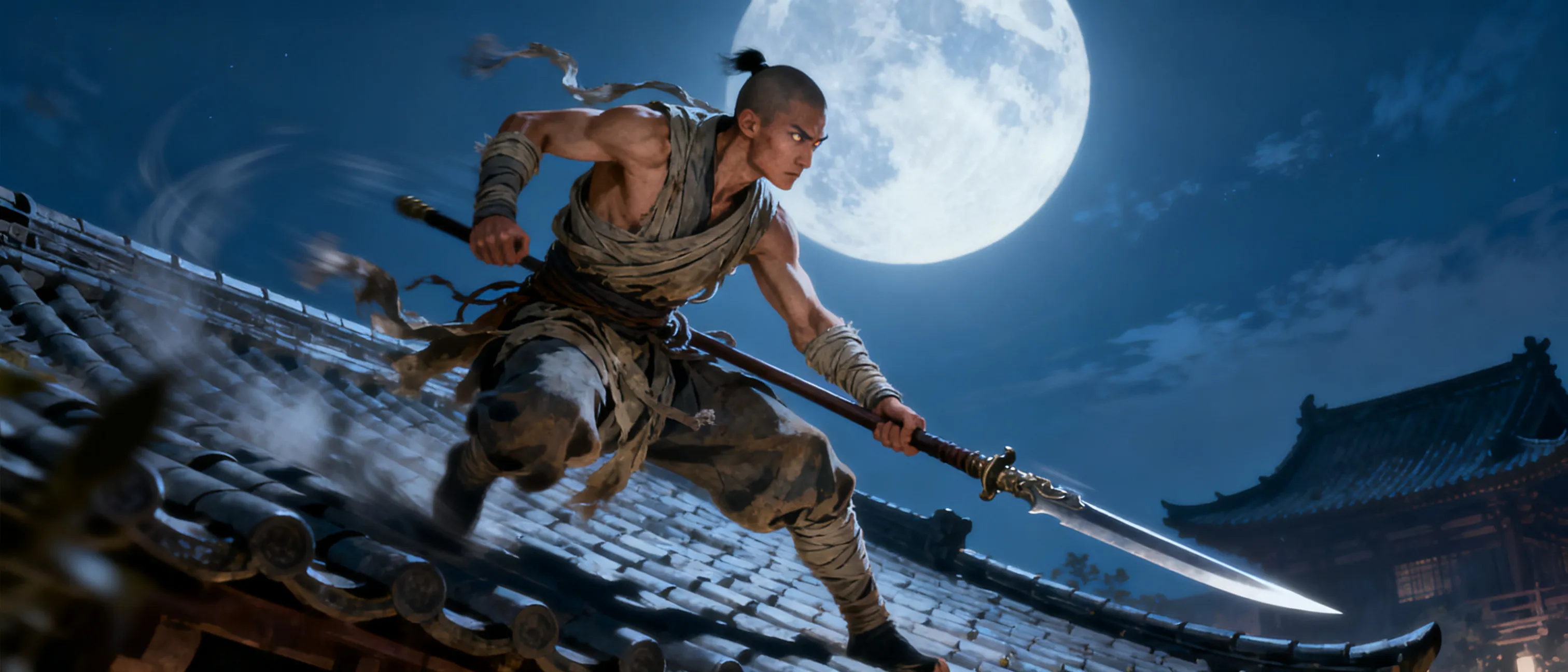 Lean human monk in travel-worn wraps, carrying a glaive and moving like a blur across moonlit rooftops, with a sparring stance and sharp, vigilant eyes.