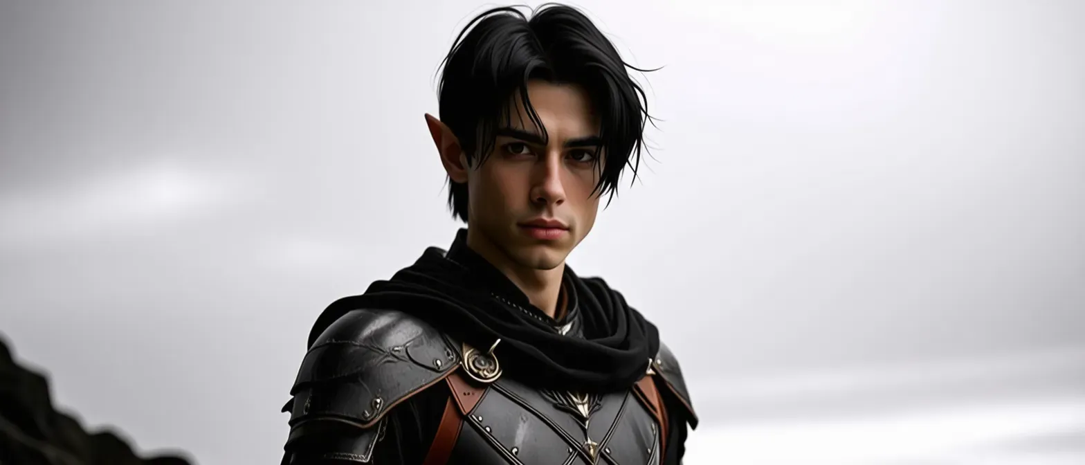 A nimble half-elf with sleek leather armor, a shadowy cloak, and short dark hair, blending seamlessly into the night.