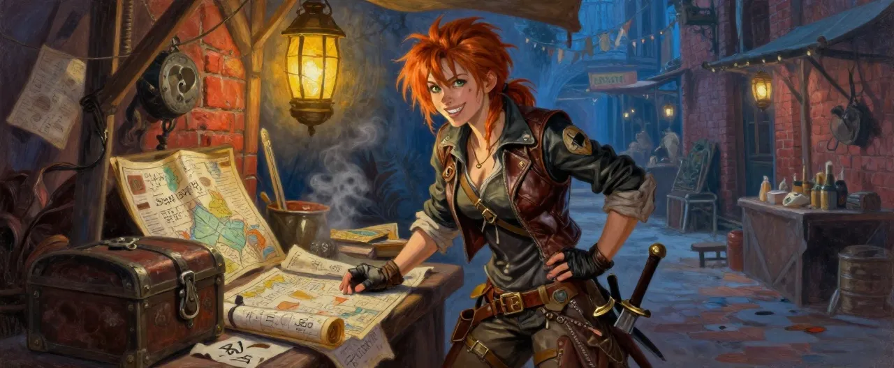 A wiry human woman in her mid-twenties with a messy mop of copper hair, sharp green eyes, and a crooked grin. She wears a patched leather vest over a dark linen shirt, fingerless gloves, and tall boots — the tops of two sheathed daggers just visible inside each. She leans on the counter of a cluttered market stall under a swinging lantern, surrounded by rolled maps, locked strongboxes, and scrap paper covered in cipher marks. Night market of Scarfall Bazaar, red brick arcade behind her, ash drifting through lantern light, painterly D&D style, warm lantern light against cool ash-blue shadows, dynamic three-quarter view portrait.