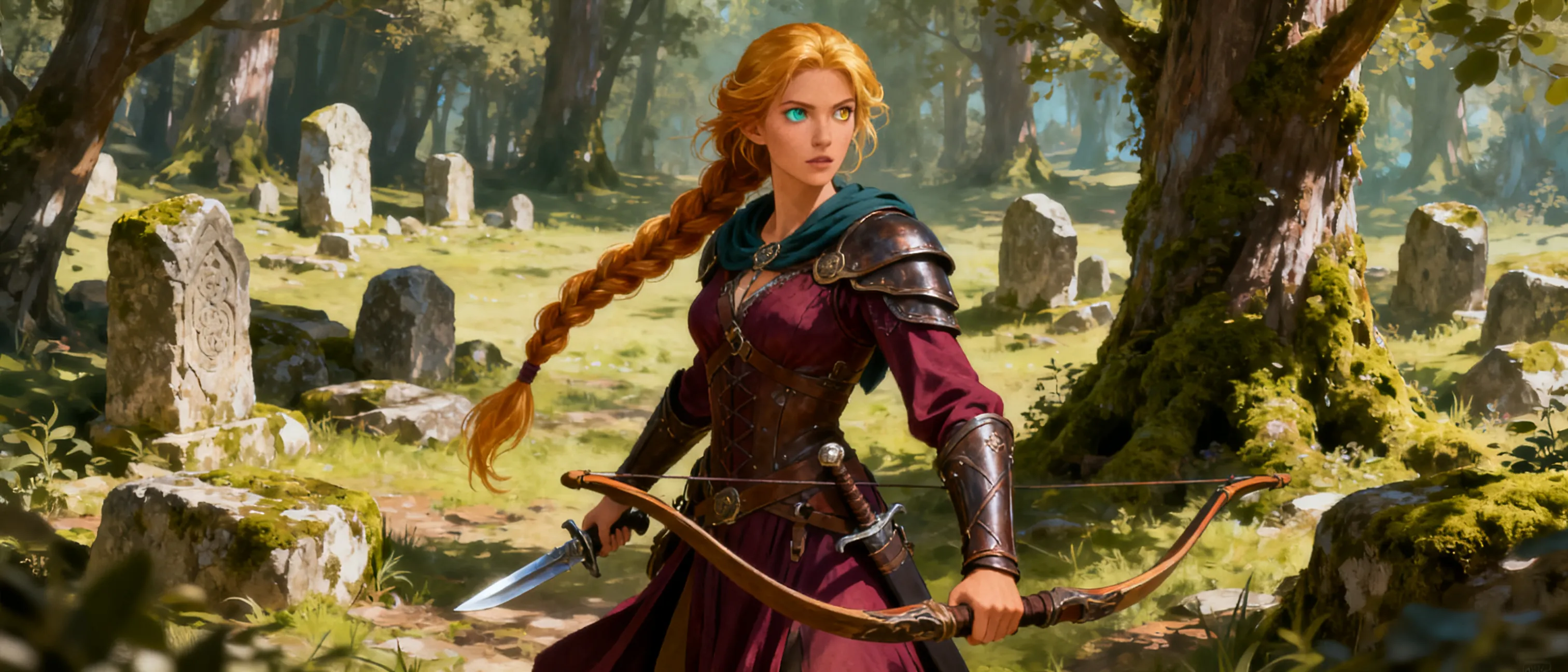 She is a human woman with a lean, athletic build and light tan skin with womanly curves and assets. Her her long hair and shapely eyebrows are a golden brown. Her left eye almost a dark teal, like the sea. Her right is a hazel-grey. She wears her hair in a long braid and wears dresses of rich colors. When gearing for battle she wears leather bracers, pants, thigh high boots. Her armor is a quality leather breastplate. She has her bow at her back, and her quiver at her belt with a dagger strapped to each thigh. Erisynn is the princess of the kingdom of Mintis, with her father and mother being king and queen, respectively. She has two older brothers and three younger sisters and a younger brother. Mintis is currently at war with the Tiefling kingdom of Asair. Little does she know that her fate will be entwined with the crown prince of Asair, Raziel Lightbane.