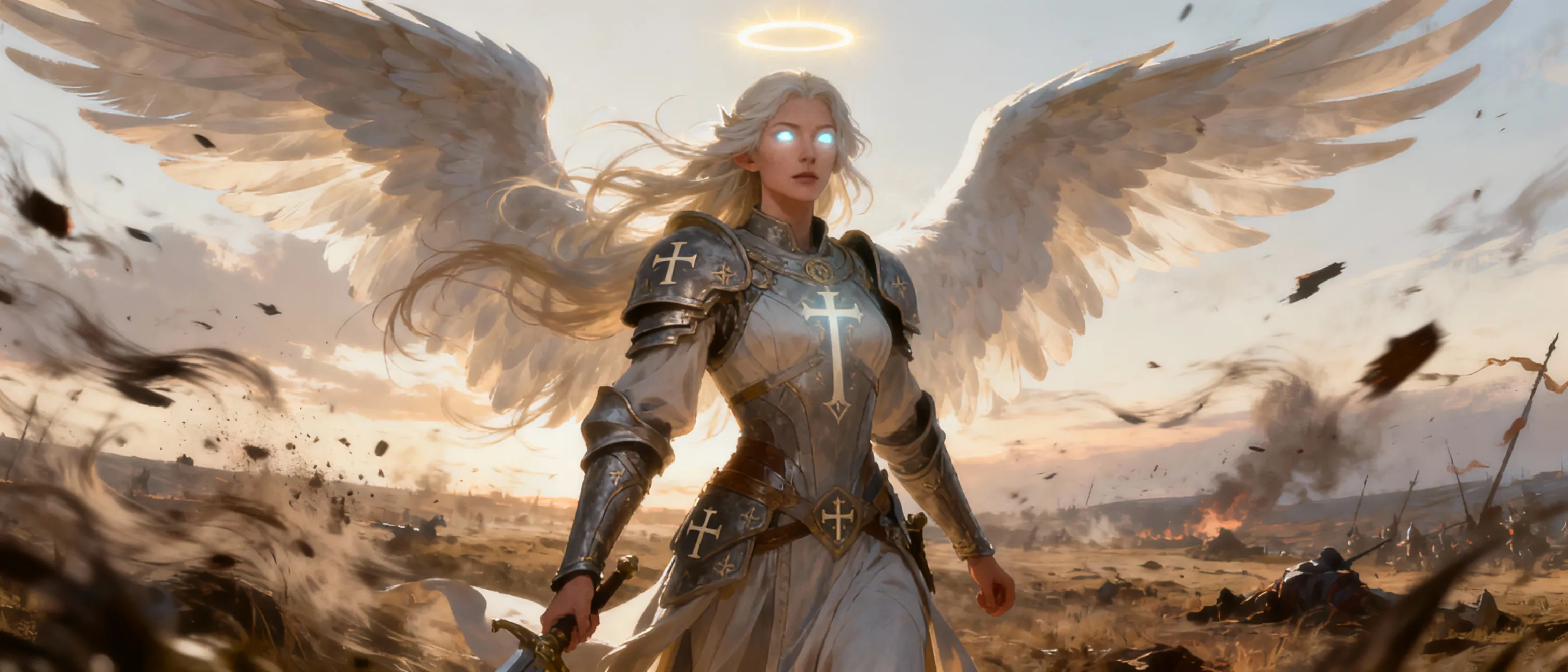 A tall, pale-winged aasimar cleric stands on a windy battlefield, eyes glowing with the pale light of dawn. Her armor bears holy sigils, and a small radiant halo crowns her head, hinting at divine favor.