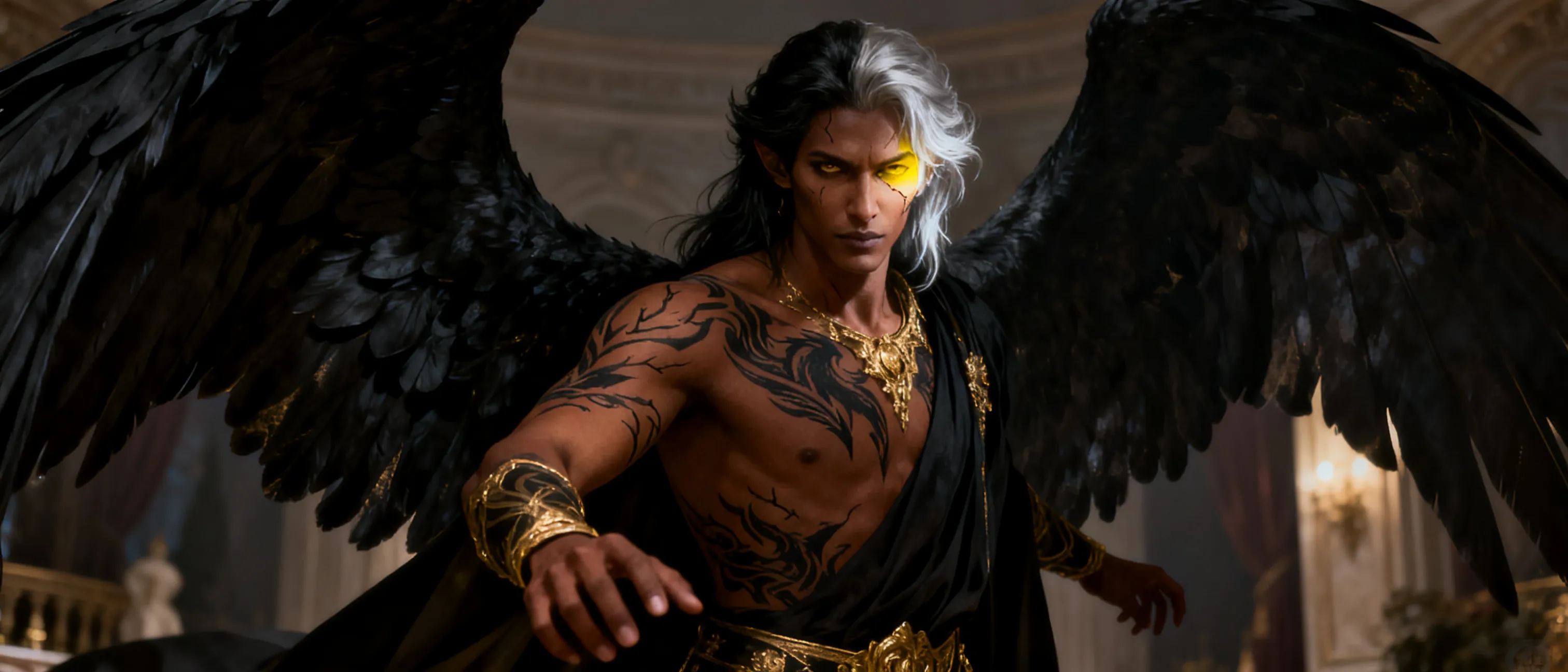 Aasmir fallen named Moarne, mixed background of noble and charlatan, sorceer,Rich deep brown skin with warm undertones
Pure white-silver hair mixed with black 
Pale yellow, scarred over right
Massive black wings with hidden silver undertones (hidden as tattoos when in glamour), Black head angel wings