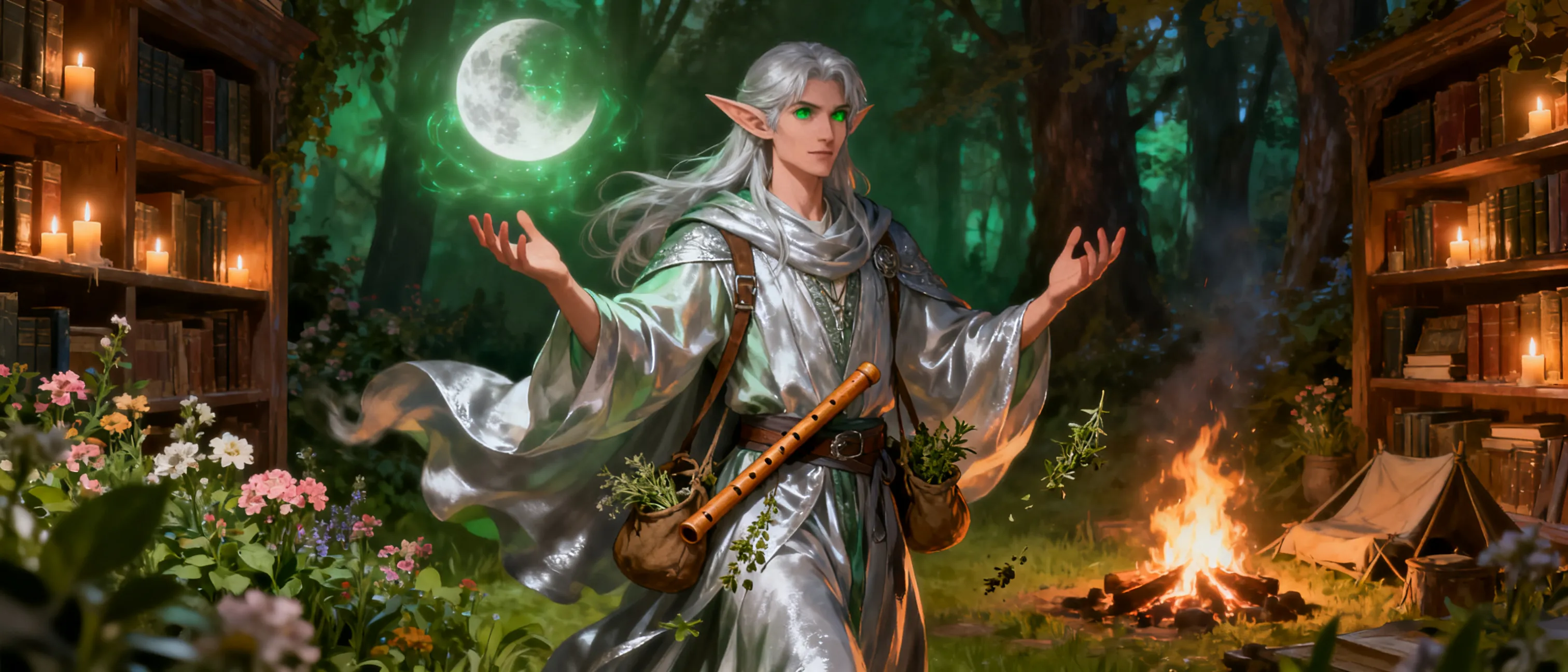 Slender moon elf wizard with silver hair, keen green eyes, traveling robes, a flute at his belt, and satchels of herbs; found in candlelit libraries, gardens, and quiet forest camps.