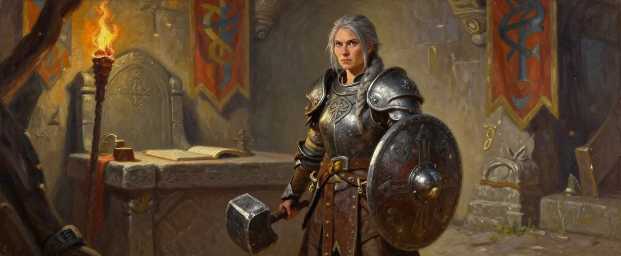 A weathered mountain dwarf woman standing in a torchlit dwarven great hall, heavy dwarven plate armor etched with clan knotwork and battle-scars, a grey braid falling over one pauldron, a heavy iron warhammer at her belt and a round shield of banded steel on her arm. Her expression is sharp, calculating, and unimpressed. Behind her, a stone throne, a ledger table, and banners of the Deepforge Holds. Oil-painted fantasy portrait, dramatic warm forge-light against cold stone, painterly detail, D&D character art style.