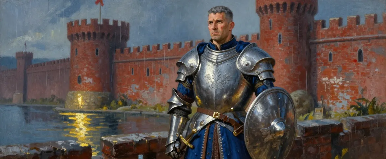 A broad-shouldered human man in his forties, short iron-gray hair cropped close, a clean-shaven jaw with a thin old scar across one cheekbone. He wears a gleaming polished steel breastplate over a deep blue tabard bearing the silver oak-leaf crest of Queen Mariana's household guard, a round shield slung at his back, and a notched longsword at his hip. His posture is parade-ground straight, his gray eyes steady and unimpressed. Rain-slick red-brick castle walls and a harbor glow behind him. Painterly fantasy portrait, muted steel-blue and gold palette, torchlight glinting off polished armor.