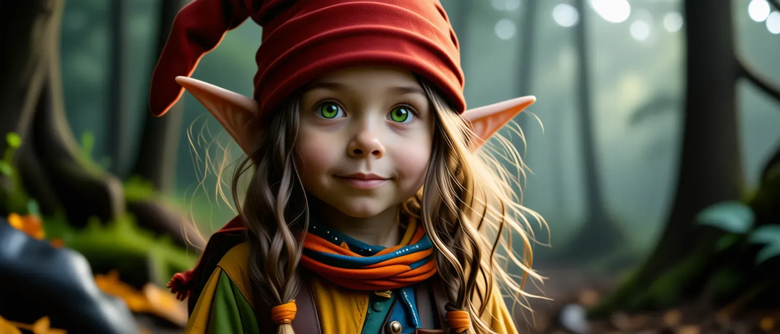 A small forest gnome with vibrant green eyes and a wild mop of hair. He wears colorful clothes that seem to twinkle when light hits.