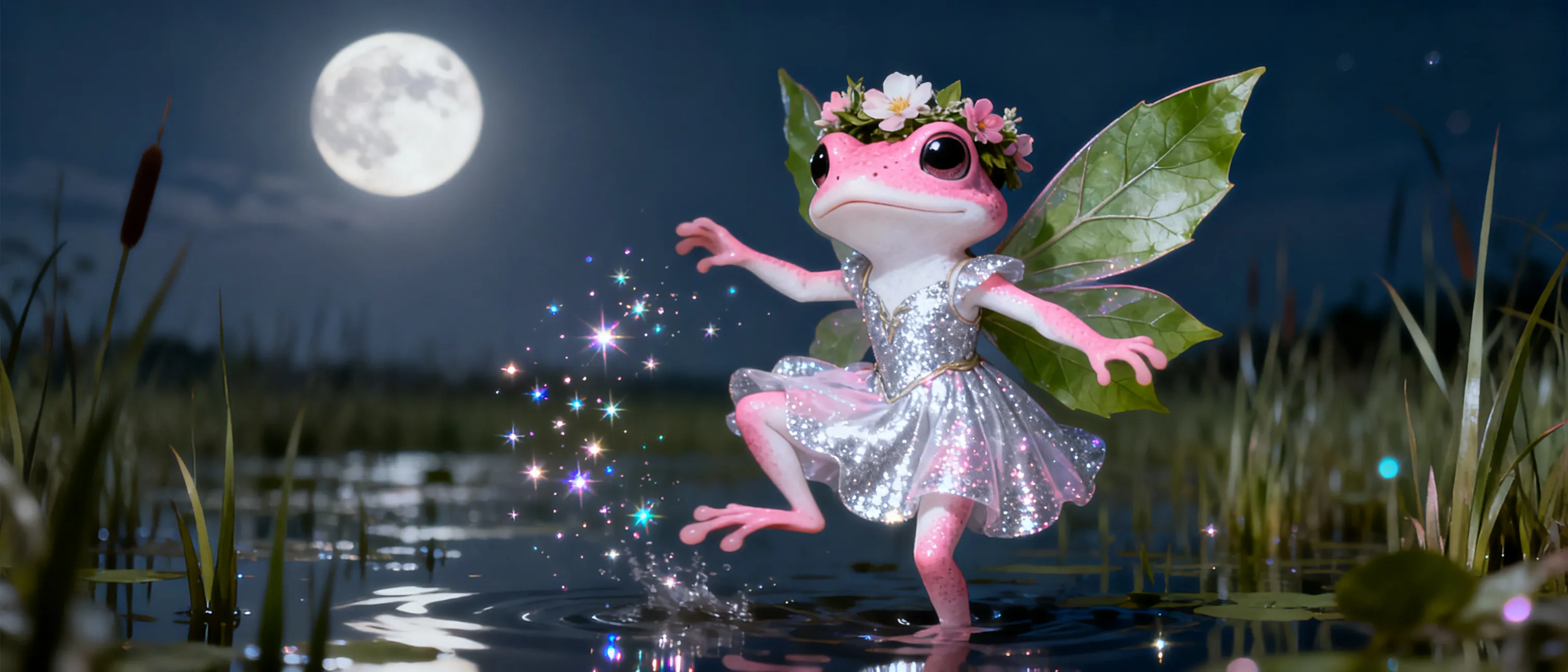 Tiny pink-and-white frogfolk druid in a glittery fairy dress, leaf wings, and a flower crown, standing in a moonlit marsh with sparkles floating around her.