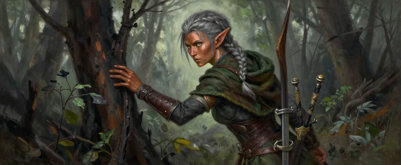 A lean wood elf woman in her second century, with copper-bronze skin weathered by forest wind, sharp amber eyes, and ash-grey hair braided back from a high widow's peak. She wears a mottled green and brown cloak over dark studded leather, a longbow slung across her back beside two short swords at her hips. She stands half-turned at the edge of a burned grove, one hand resting on a charred sapling, her expression quiet, watchful, and unforgiving. Painterly fantasy character portrait, muted greens and ash-greys, dappled forest light.