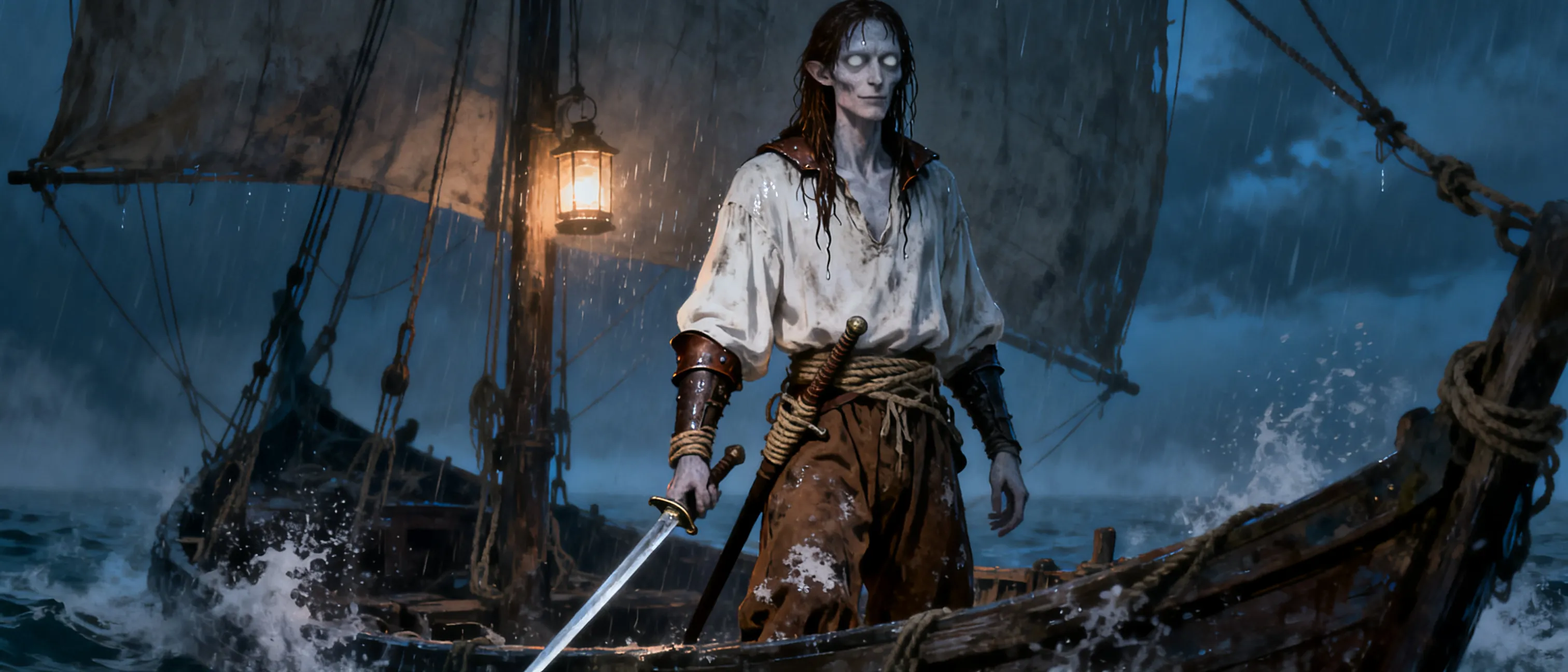 A gaunt, deathly pale man stands at the bow of a battered fishing vessel at dusk, sea spray misting around him. His skin is the grey-white of a drowned corpse, stretched over sharp cheekbones; his eyes are unsettling — milky white sclera ringed by pale grey irises and faint grey pupils, as if fog had settled permanently over his gaze. Long, dark brown hair hangs in a wet, tangled mess about his shoulders, dripping constantly as though he has just been pulled from the sea — which, in a way, he was. He wears a dirty white baggy shirt and filthy brown baggy trousers, loose and salt-stained, but beneath them the dark shape of worn leather armor is visible at his collar and forearms. A slender rapier hangs at his hip, its hilt wrapped in cord. His posture is upright, disciplined, almost formal — a soldier's bearing in a beggar's clothes. Despite his corpse-like appearance, his expression is gentle and watchful, the face of someone trying to be kind while unsure he remembers how. Painterly dark fantasy style, muted blues and greys, lantern light catching the rain on his skin.