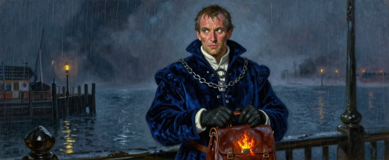 A high-fantasy character portrait: a gaunt middle-aged human nobleman with thinning brown hair and a waxen, sweat-sheened complexion, dressed in expensive but slightly rumpled velvet doublet of deep harbor-blue with a tarnished silver chain of office. His eyes dart sideways; his gloved hands clutch a leather satchel stamped with a faint, glowing imperial sigil of a crown of embers. Behind him, the rain-slick docks of a coastal port at night, lantern light and fog. Painterly, cinematic, moody lighting, no text or logos.