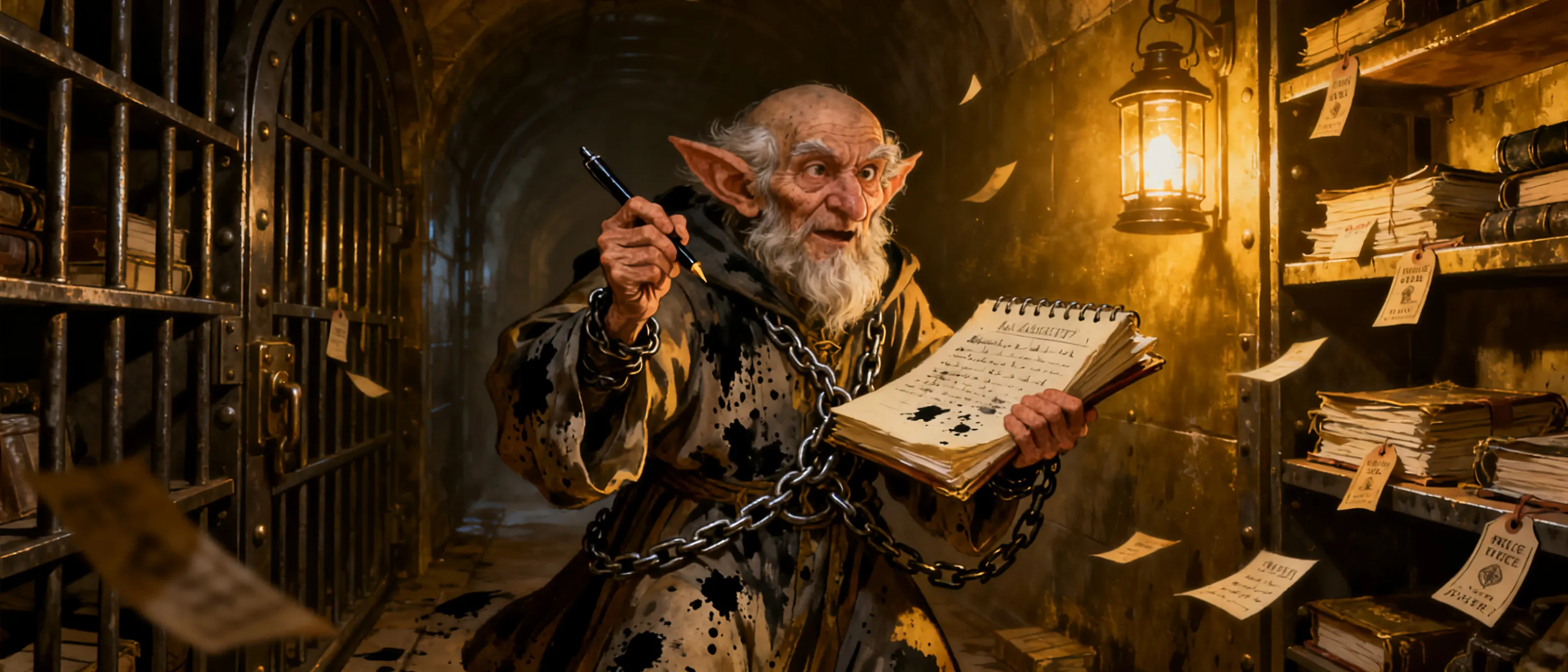 An elderly gnome archivist in ink-stained robes, clutching a quivering pen and chain-bound ledgers in a dim vault lined with iron shelves, lantern glow, and suspicious price tags.