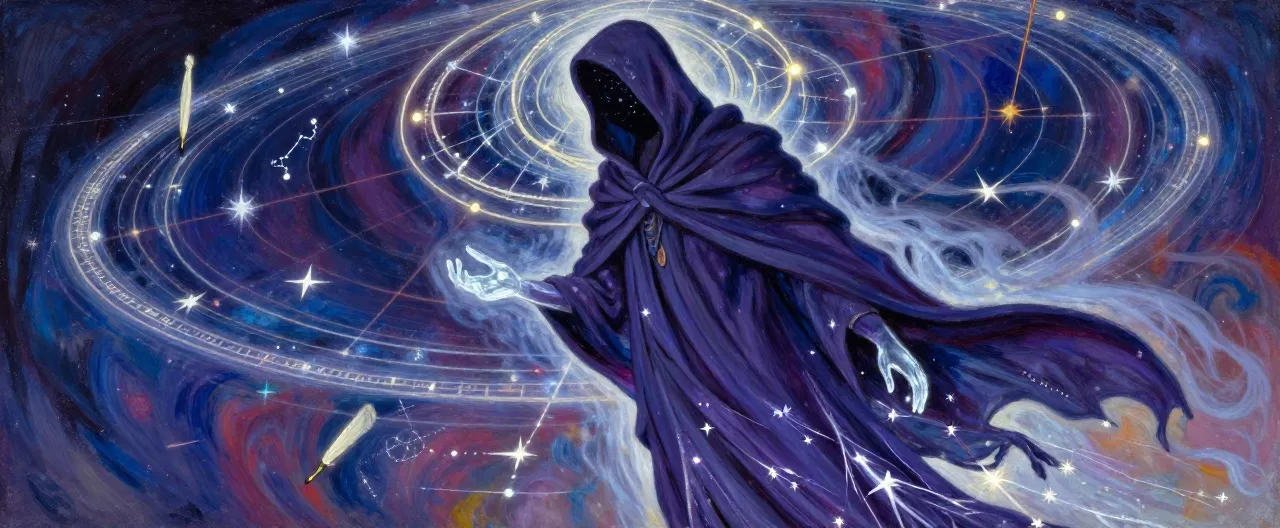 A tall, gaunt figure of drifting silver mist shaped into a humanoid form, wrapped in a tattered robe of deep indigo that dissolves into threads of starlight at the hem. Beneath a shadowed hood there is no face—only a slowly rotating spiral of faint constellations. Its hands are translucent, and where it hovers, faint lines of Cartographer star charts glow on the floor. Behind it hangs a shimmering halo of orbiting star maps and floating quills, and its outline occasionally flickers, as if the figure were a page being turned in an infinite celestial atlas.