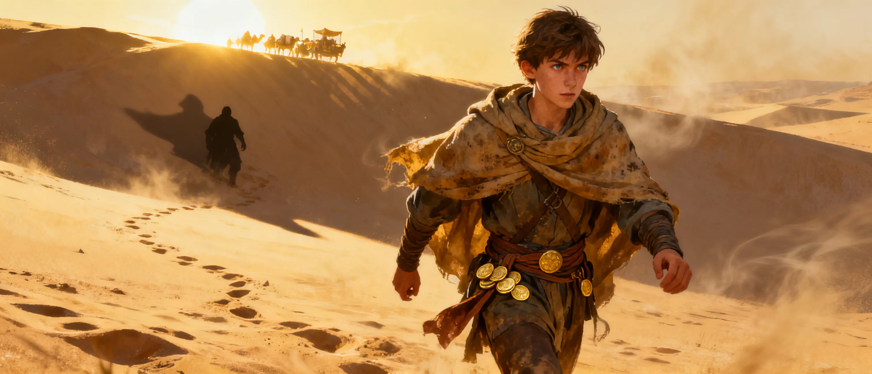 A young desert merchant cloaked in weathered fabrics, eyes glittering with calculation, gold coins hidden within a sash, footprints traced in sun-baked sand, the horizon gleaming with profit and deceit.