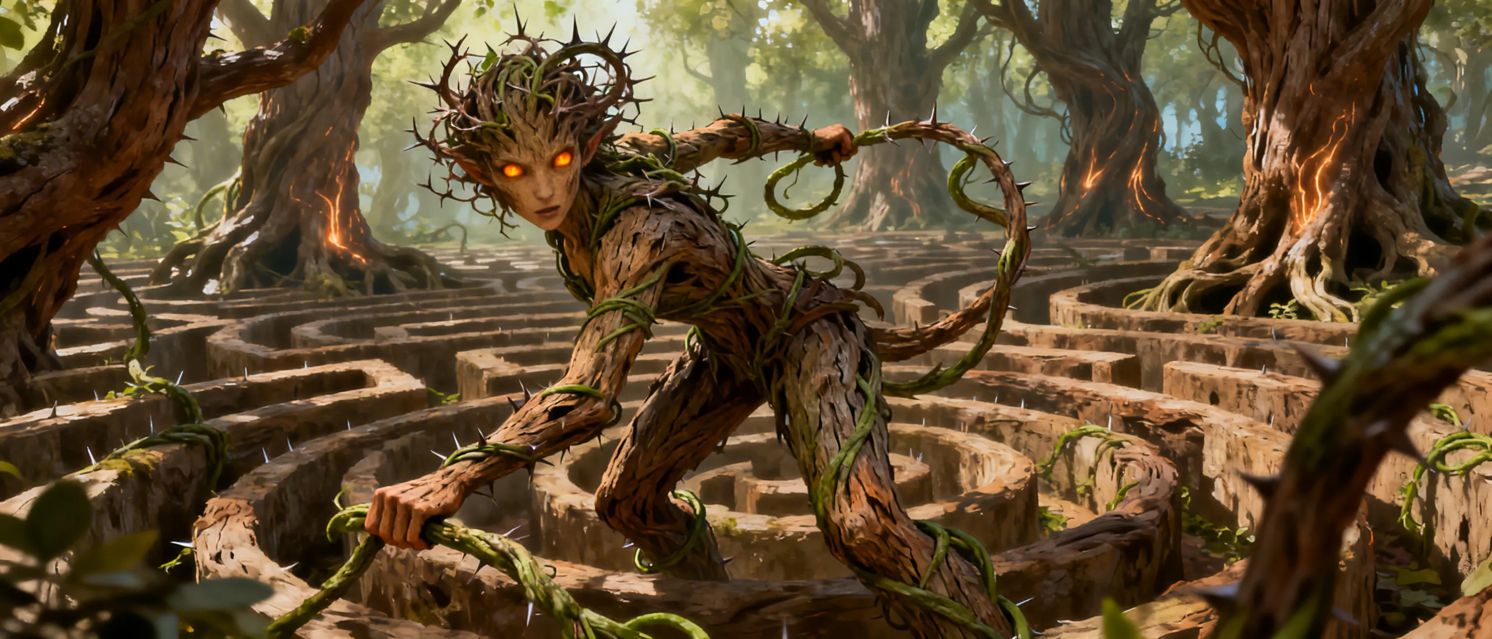 Elowen, the Ancient: An ancient dryad queen of a primordial forest who once welcomed mortals as allies. After loggers and settlers burned her sacred grove and slaughtered her dryad sisters in the name of "progress," she wove a curse of endless overgrowth that twists trees into monstrous guardians. Now a vengeful fey entity with bark-like skin and thorn vines for hair, she expands her domain, luring travelers into eternal labyrinths. Her tragedy lies in the faded locket of a human child she once protected, now a symbol of her broken trust.