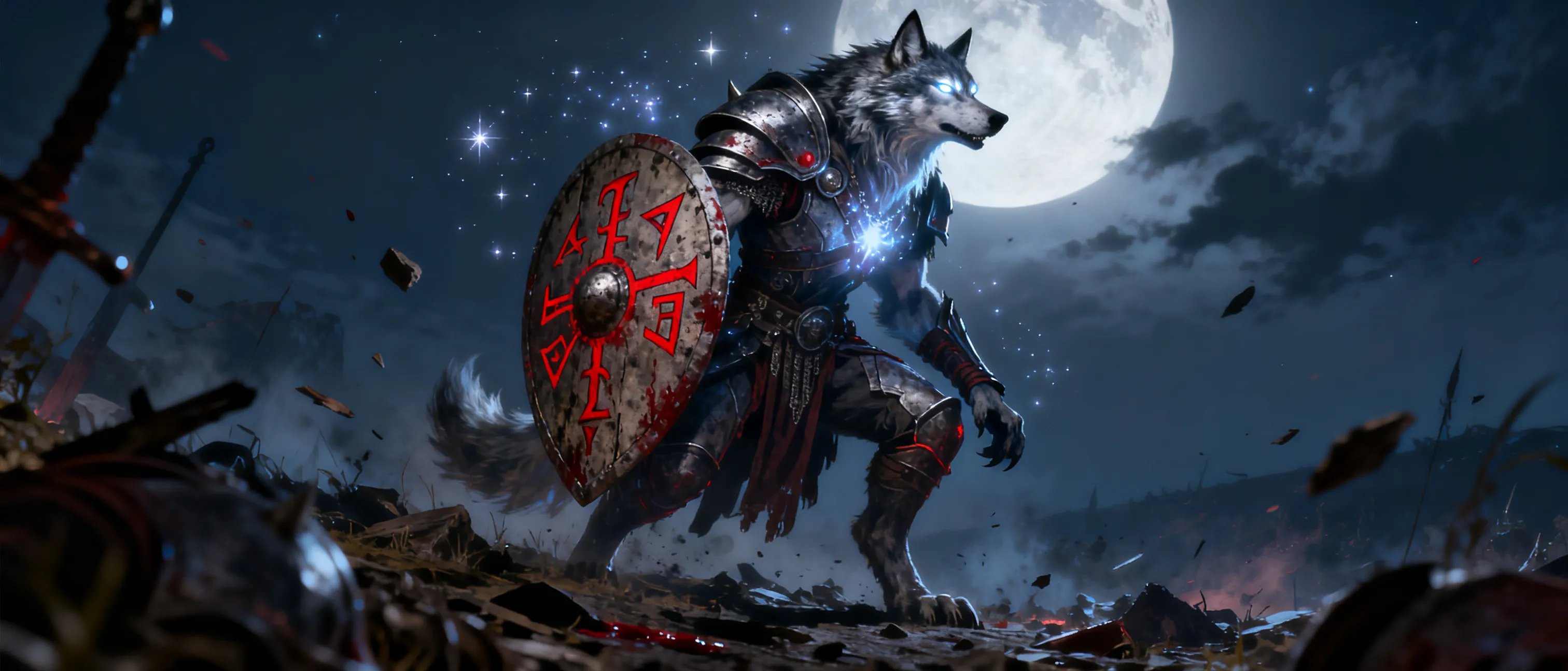 Tall armored warrior with silver eyes, subtle celestial glow, and wolf-like hybrid form, standing in a moonlit battlefield with blood-red runes and a weathered shield.