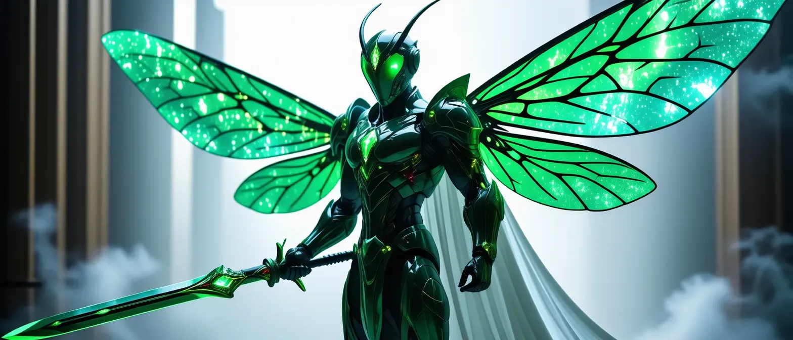A tall, muscular humanoid clad in a sleek, insect-themed armor that shimmers in shades of green and black. The armor is adorned with intricate patterns resembling the wings of a beetle. The character's helmet features large, expressive eyes and antennae that give a nod to the Kamen Rider aesthetic. A flowing cape billows behind them, and they wield a high-tech weapon resembling a sword that can transform into various forms.