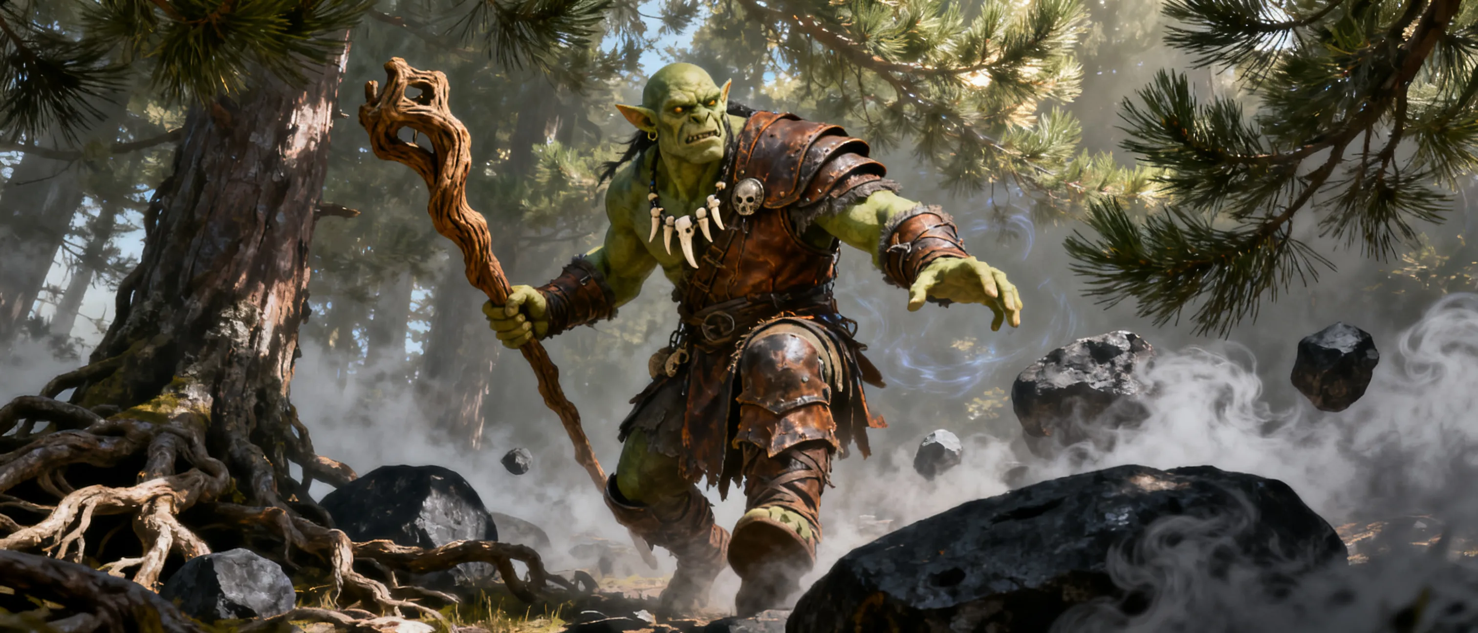 A tall green-skinned orc druid in weathered leather and bone charms, carrying a gnarled staff, standing in a misty pine forest beside tangled roots and storm-dark stones.