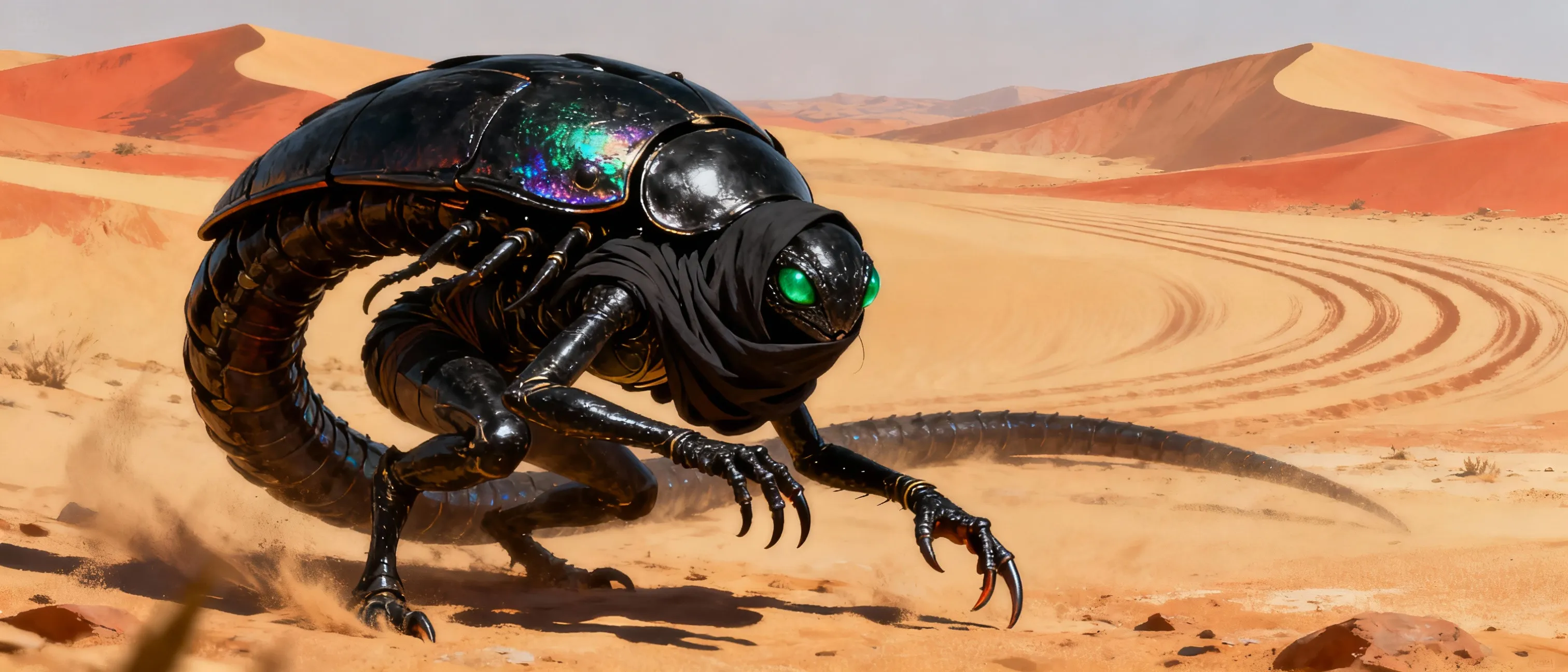 A lithe thri-kreen with obsidian-black carapace, gleaming emerald eyes, and a glint of mischief in her multifaceted gaze. She moves with uncanny quiet, claws coiled and ready, a dark shawl concealing her otherworldly features. The arid wind of the desert carries faint, distant rhythms of a hidden strike.