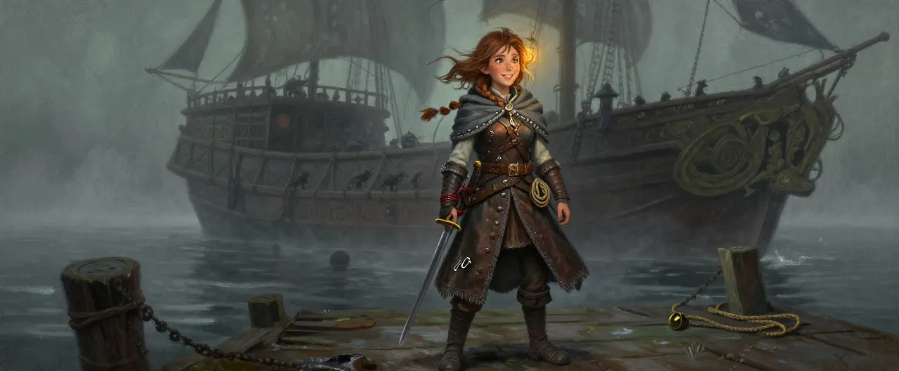 A small, wiry halfling woman with wind-tangled chestnut hair braided with tarred cord and gull feathers, freckled cheeks, and a cheerful gap-toothed grin that never quite leaves her face. She wears salt-stiffened leather armor under a fisherman's oilskin coat, a hooded grey cloak beaded with harbor fog, and soft-soled boots that make no sound on wet planks. Two shortswords cross at her hips, one hilt wrapped in red cord; a kit of bent lockpicks rides her belt beside a coil of hemp rope and a stolen brass whistle. Behind her, a fog-shrouded pier stretches toward a rotting ghost ship under plague banners, rats streaming down its mooring lines. Painterly dark fantasy, muted greys and greens with a single warm lantern glow on her face.