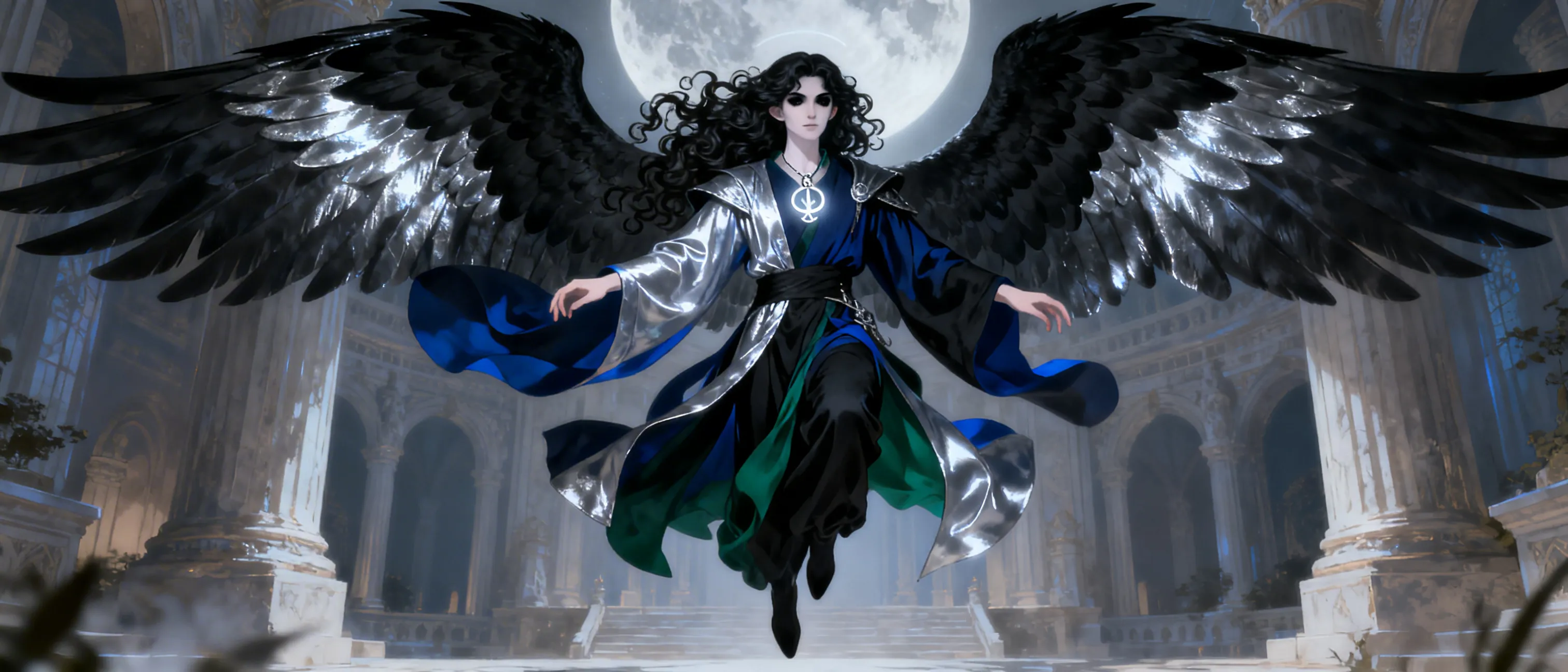 A tall, serene figure with pale skin and striking black eyes, Nyssara bears long, curly black hair that cascades over dark-blue and silver robes. Black wings fold elegantly from her shoulders, their feathers glinting with moonlit silver. Her attire blends dark blue, black, dark green, and silver, giving her an otherworldly, sanctified appearance as if she wandered straight from a celestial temple into a mortal realm. Around her neck rests a simple silver amulet, etched with an emblem of pure light, and her presence radiates calm, discipline, and unyielding purity.