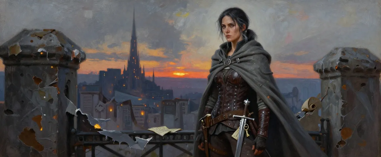 A weathered human woman in her late forties stands on the melted gates of a ruined city, wearing a scorched gray traveling cloak over darkened studded leather. Silver streaks her black hair, tied back for war. A fine rapier with a wave-and-star pommel hangs at her hip beside a roll of maps and a ring of keys to hidden safe houses. Her eyes are sharp, ash-dusted, and unyielding, lit by the ember glow of a distant black spire on the horizon. Painterly high-fantasy style, cinematic dusk lighting, no text or logos.