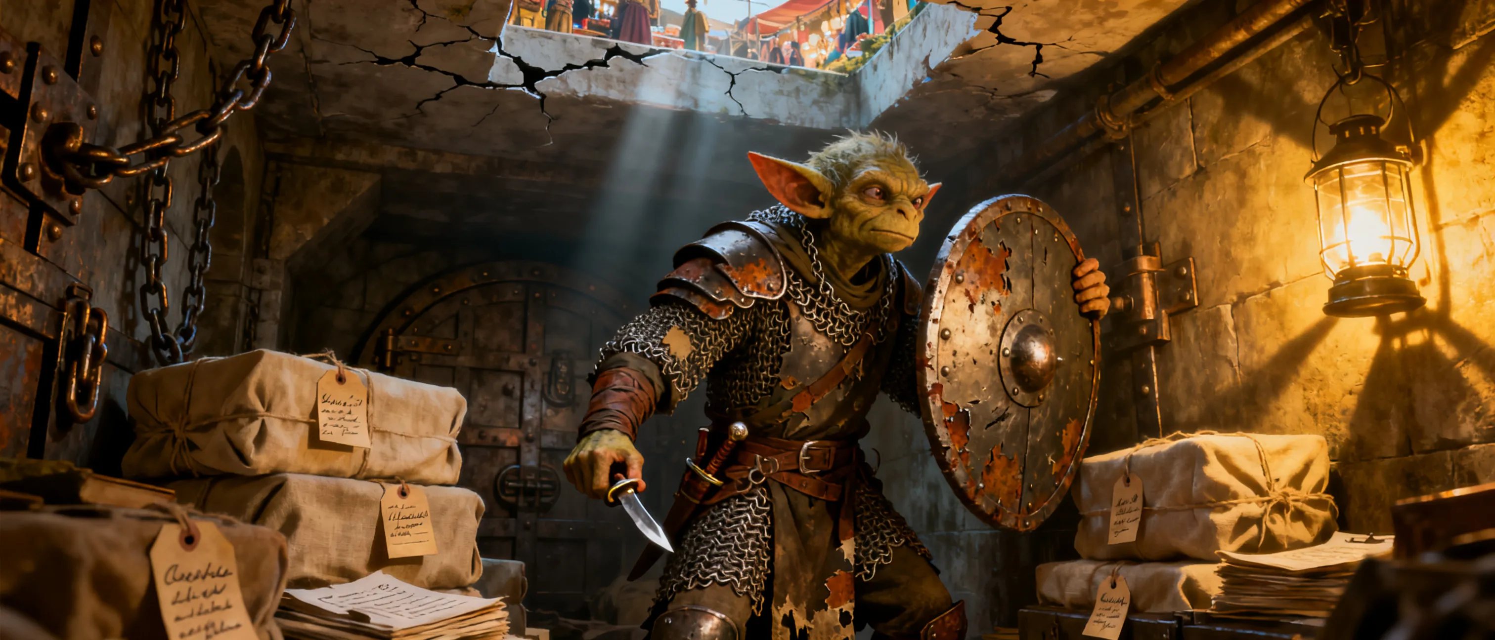 A wary kobold warden in patched chain mail and a dented shield, standing in a lantern-lit vault of iron seals, ledger chains, and stacked tagged goods beneath a surreal bazaar.