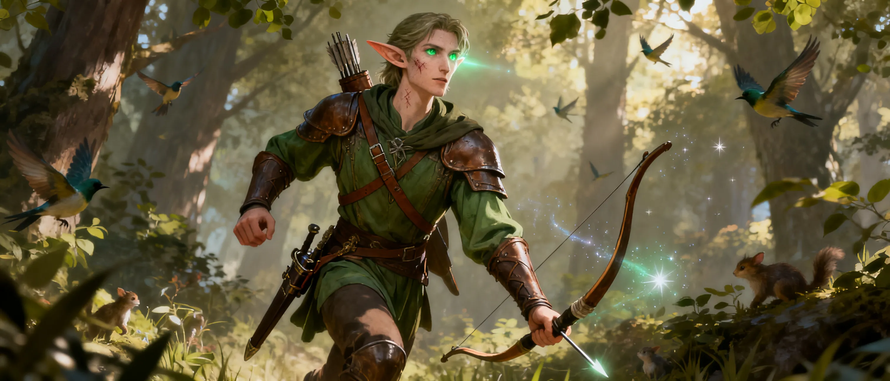 A elf that grew up as a hunter and enjoyed the thrill it, he sought out to be a knight, although skilled he was not as skilled with melee weapons as his other peers, which led to his demise during a war when a more skilled opponent and commander of the opposing faction felled him in battle. He was resurrected by the celestial Goddess Artemis (create a reason) in return he devoted his life to her. Picking up his old bow and becoming extremely skilled over the years with any ranged weapon. focusing on sniping for a long distance. The knight in him made him lean to a arbalest as his weapon of choice for its power and versatility.

