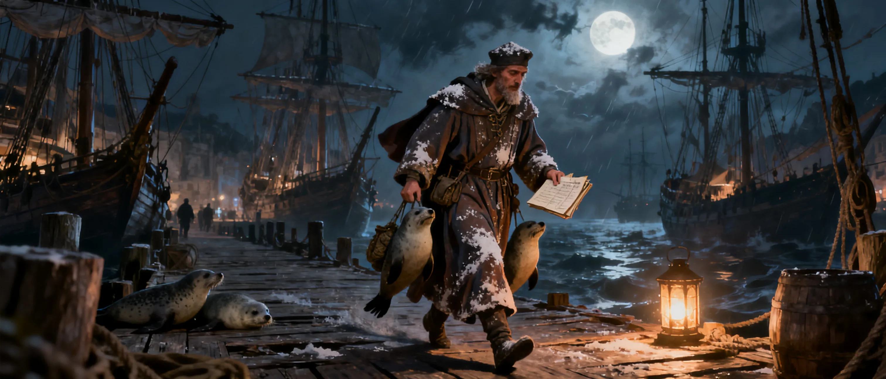 A weary harbor official in salt-stained robes, carrying seals and ledgers on a moonlit dock amid crowded ships and stormy lantern light.