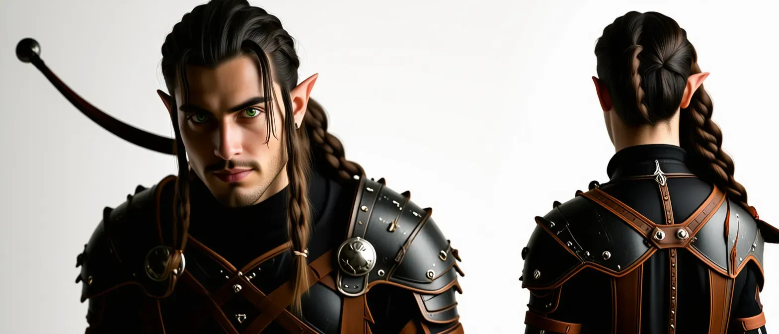 A charismatic half-elf rogue with an agile build, clad in dark leather armor. He has piercing green eyes and a mischievous smirk.