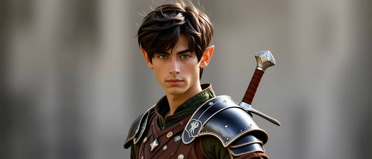 A young half-elf with tousled dark hair and striking green eyes, wearing a leather armor adorned with a mix of natural motifs and urban symbols. He carries a short sword at his hip and has a confident, adventurous stance.