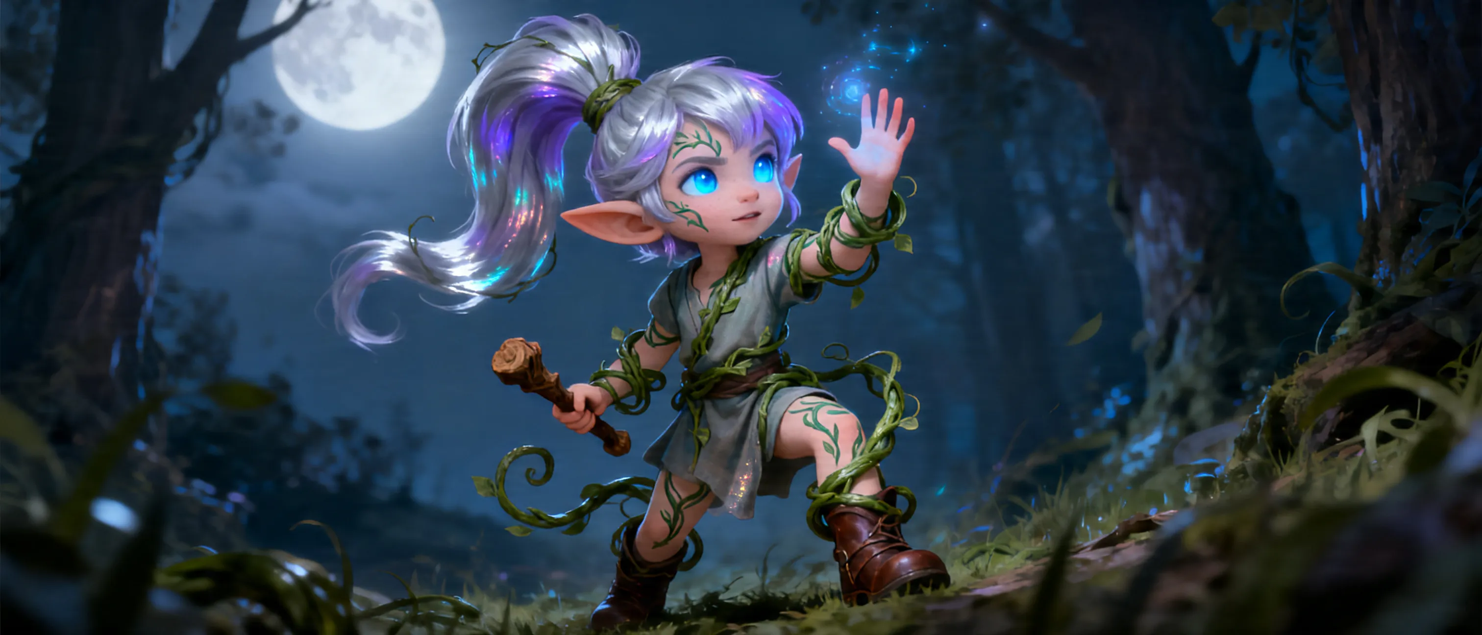 Female half nymph gnome, 3 foot tall. Silver lavender hair in loose curls. Electric blue alluring eyes. Unmatched beauty porcelain skin large breasts curvy form. Magic vines with flowers markings over her limbs torso and back mimic her emotions and magic. 